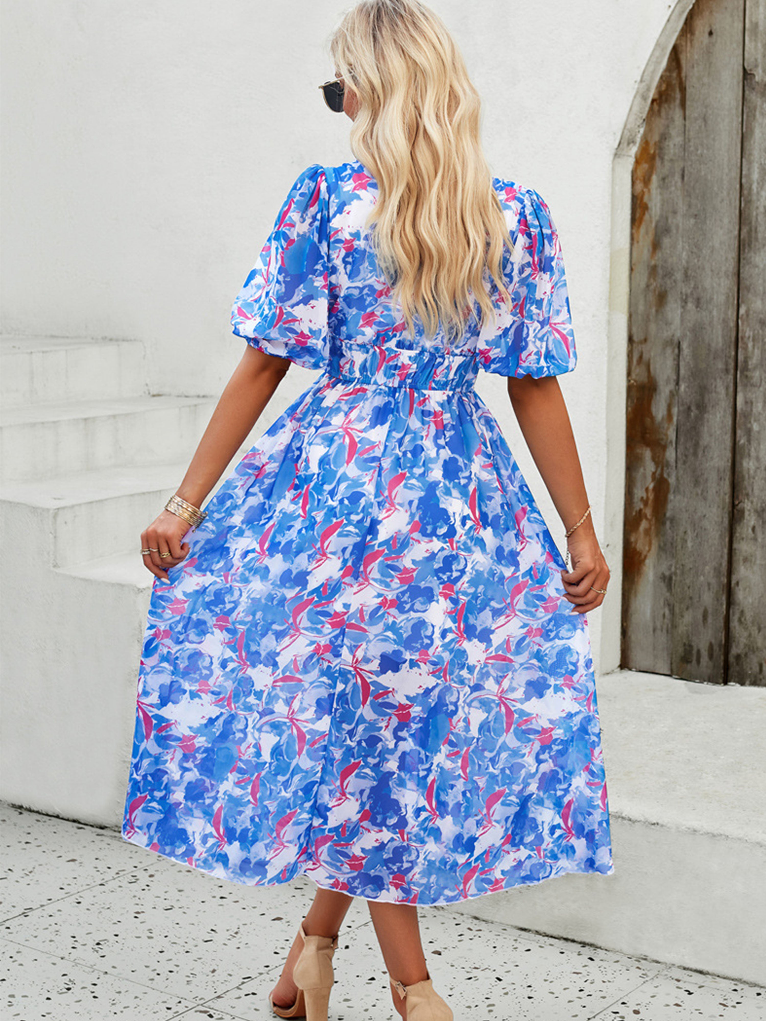 Robe en Bleu Trapèze Col V Manches Mi-Longue Robe Invitée de Mariage