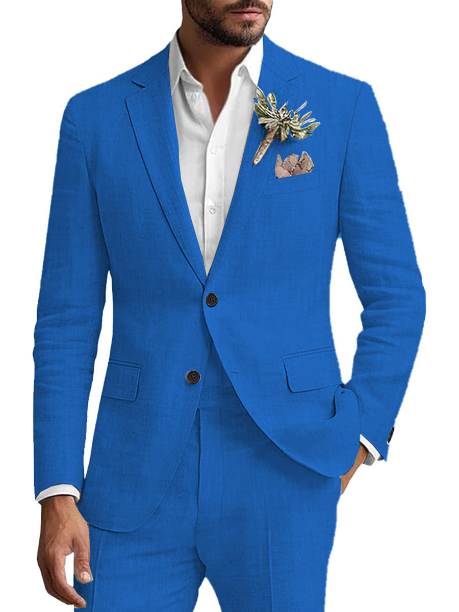 Costume Homme 2 Pièces BLEU en Lin Pour le Marié et les Affaires Décontractées Élégance Respirante