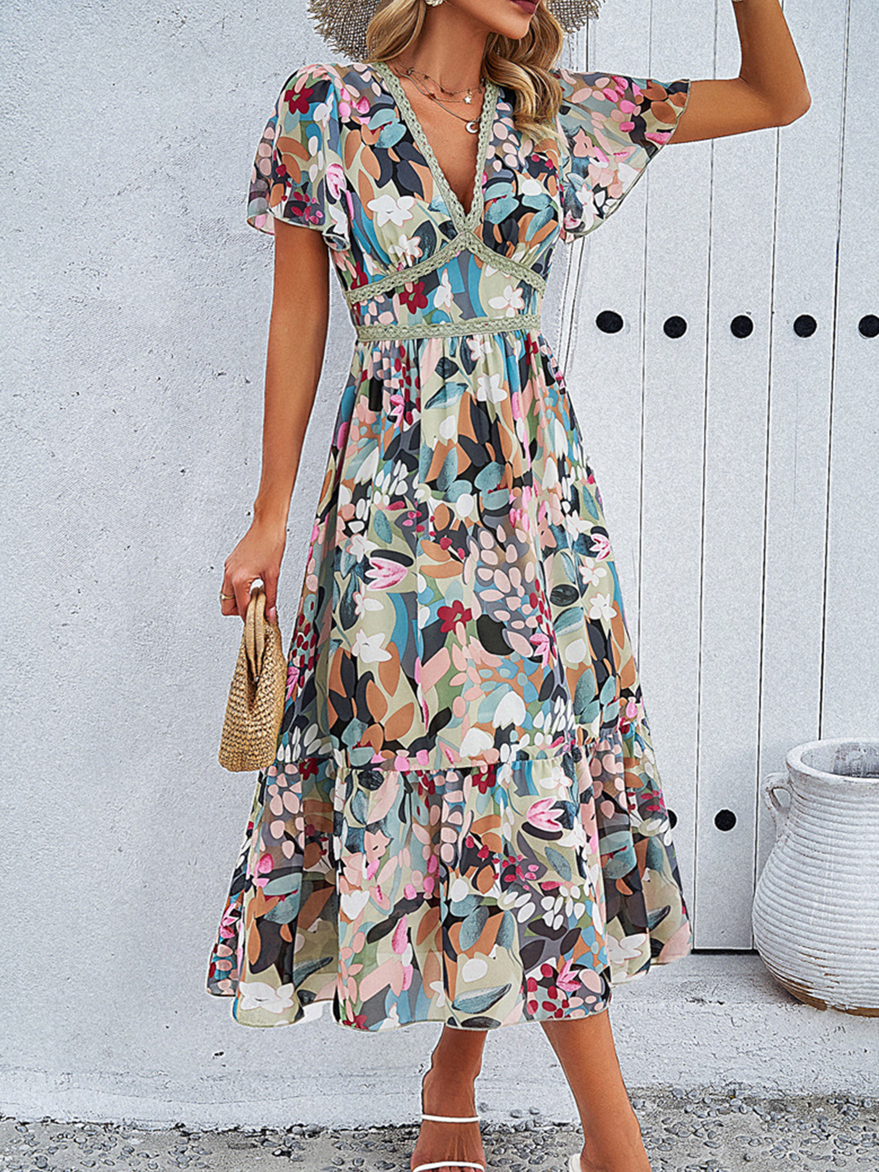 Robe Invitée de Mariage bohème à fleurs Robe VERT MENTHE Longue Col V Manches Courtes