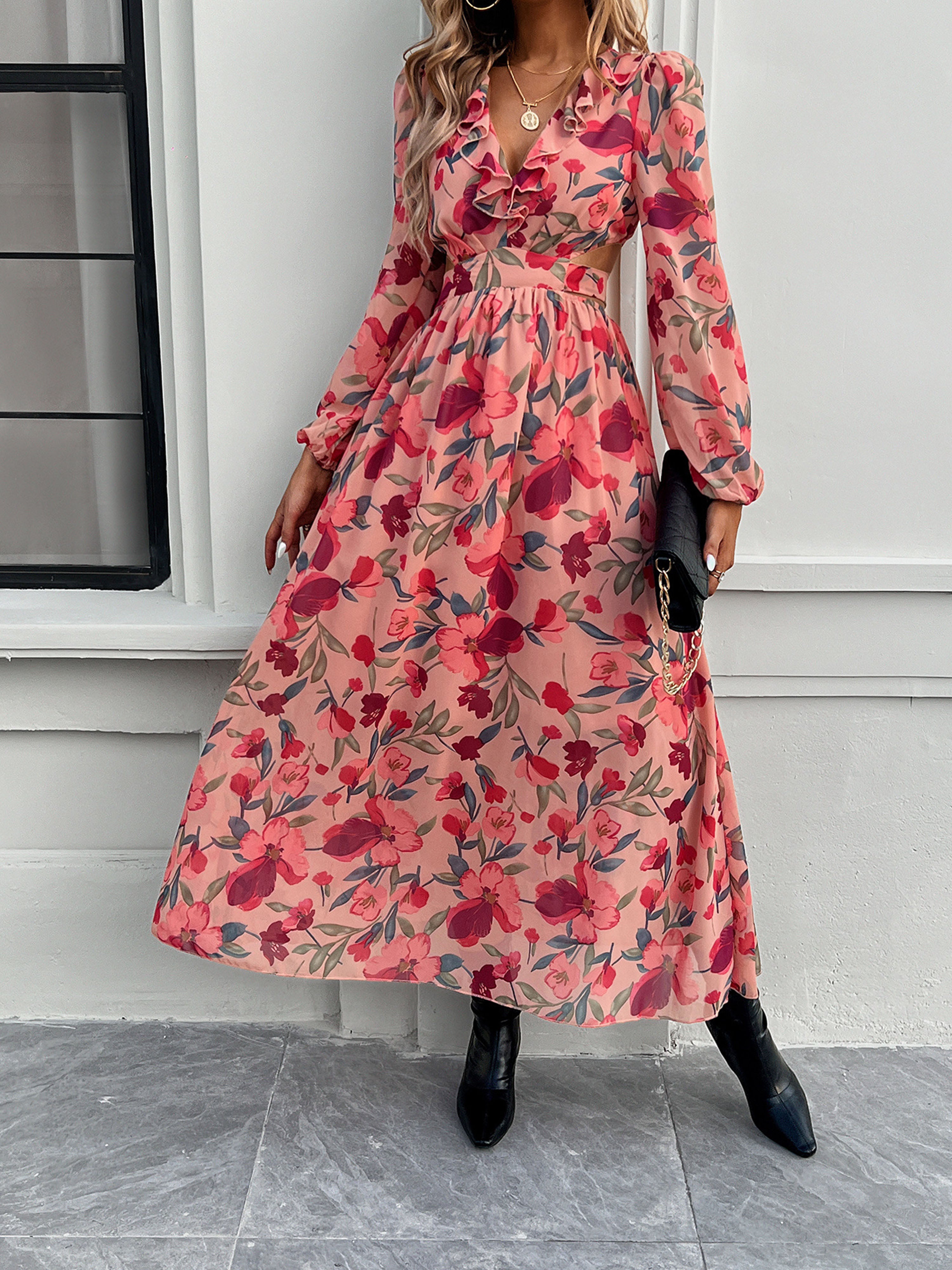 Robe Invitée de Mariage Pastèque Florale Robe bohème Col V Manches longues
