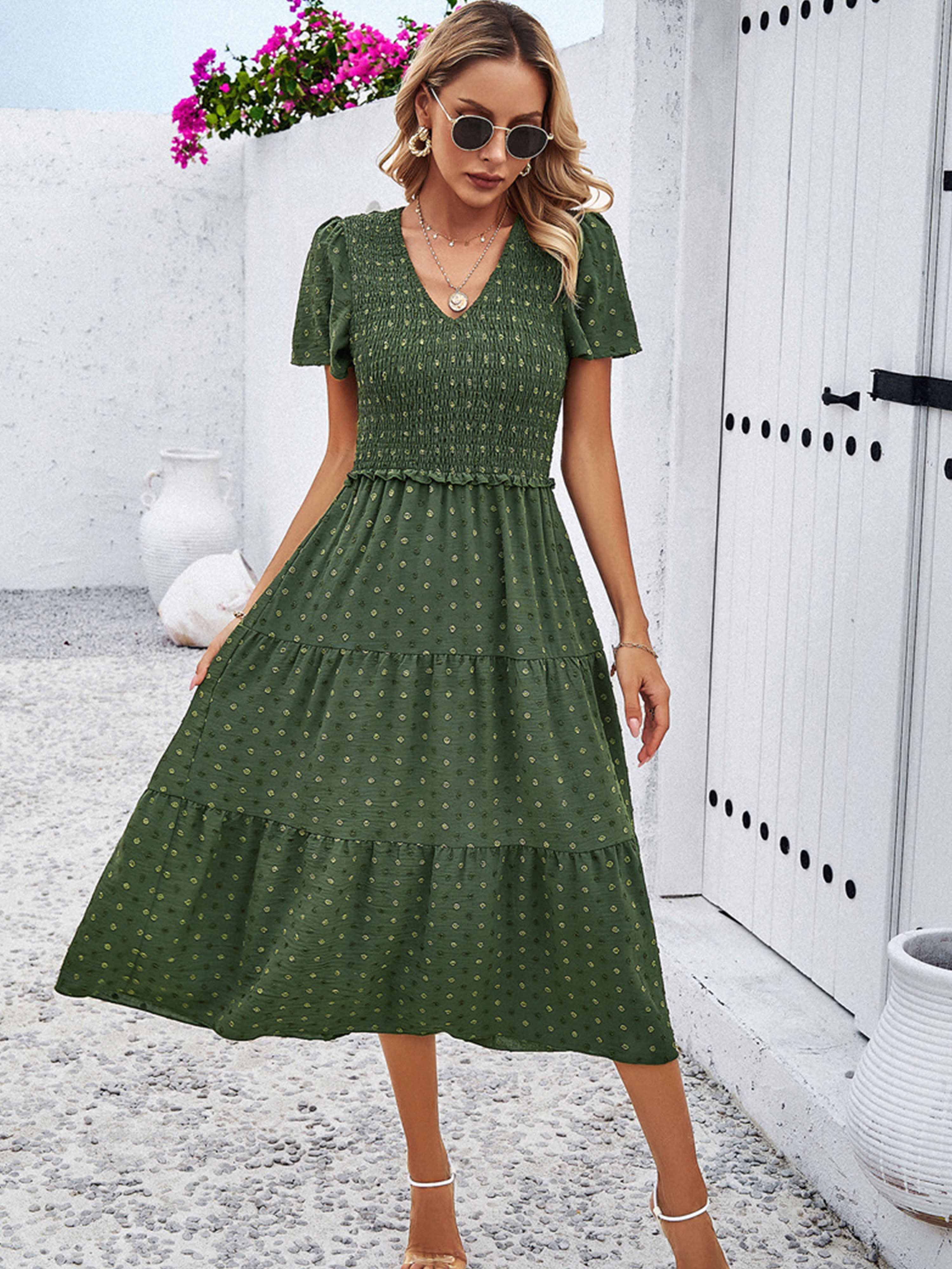 Robe Invitée de Mariage Vert olive foncé Robe à Pois Mi-longue Col V Manches Courtes