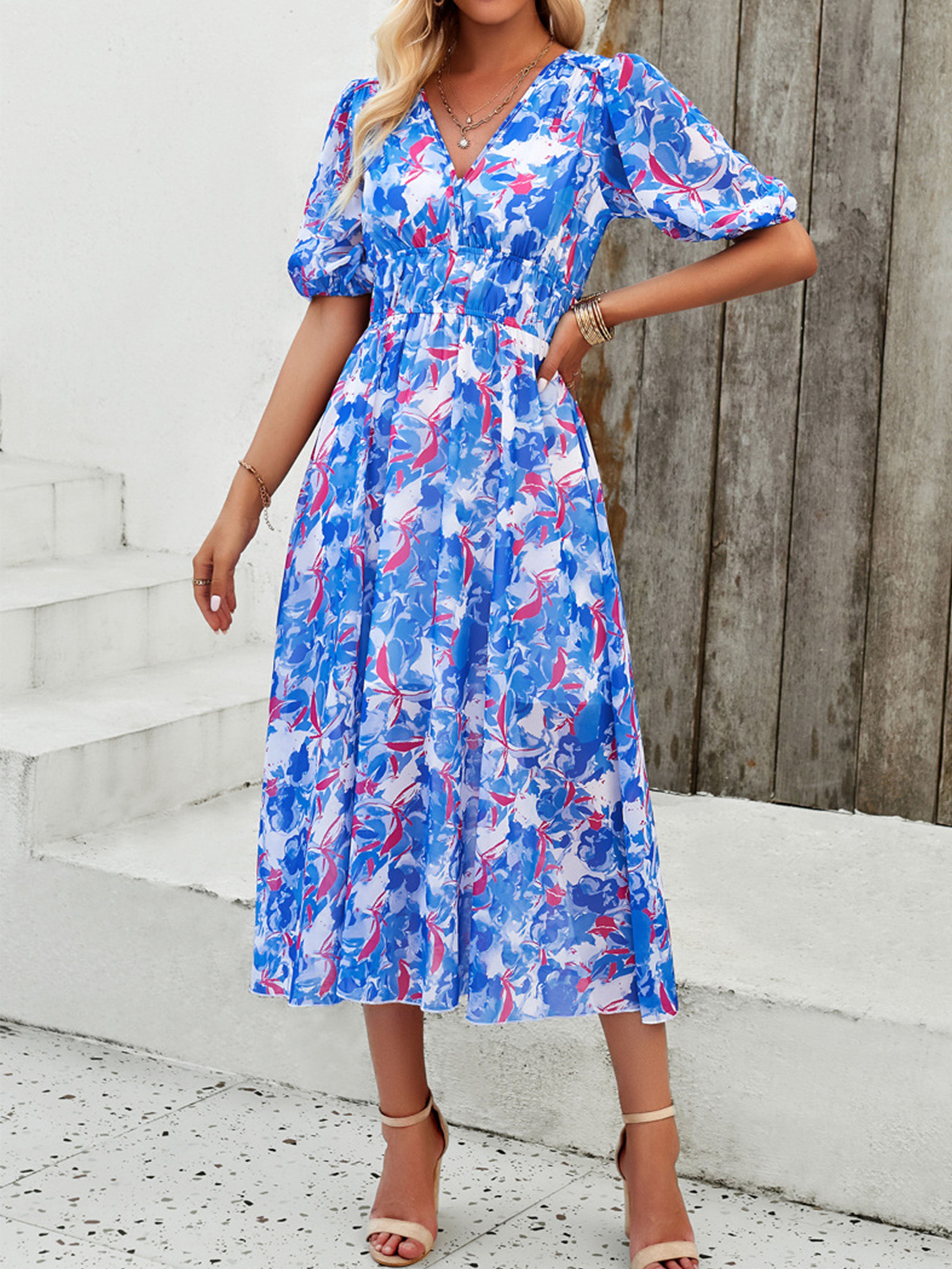 Robe en Bleu Trapèze Col V Manches Mi-Longue Robe Invitée de Mariage