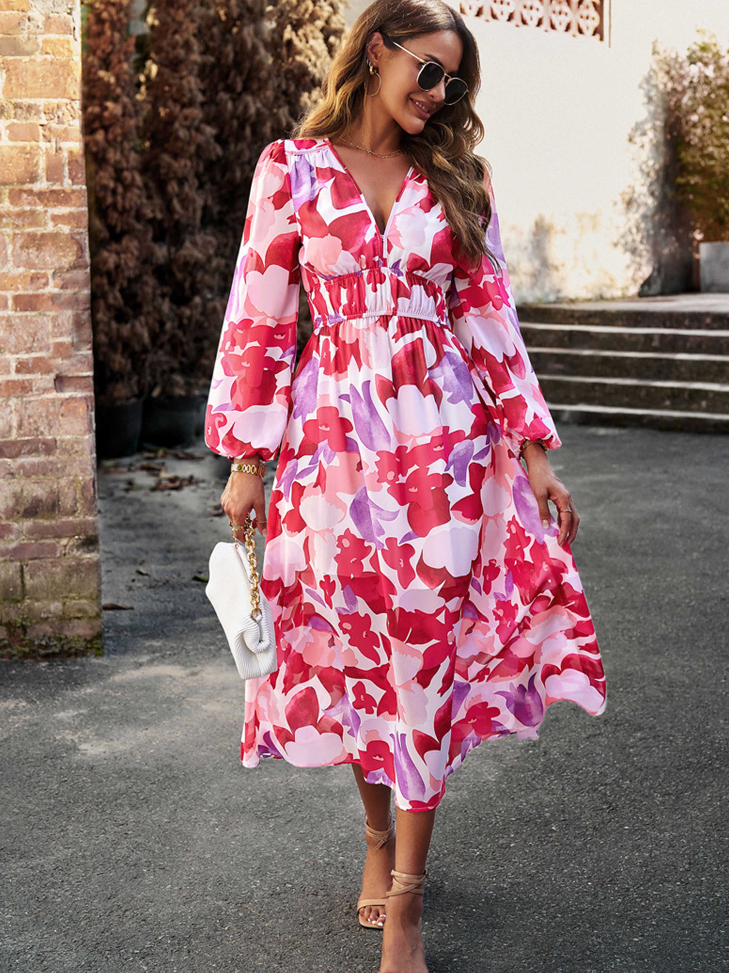 Robe en Rouge Trapèze Col V Manches Longues Robe Invitée de Mariage