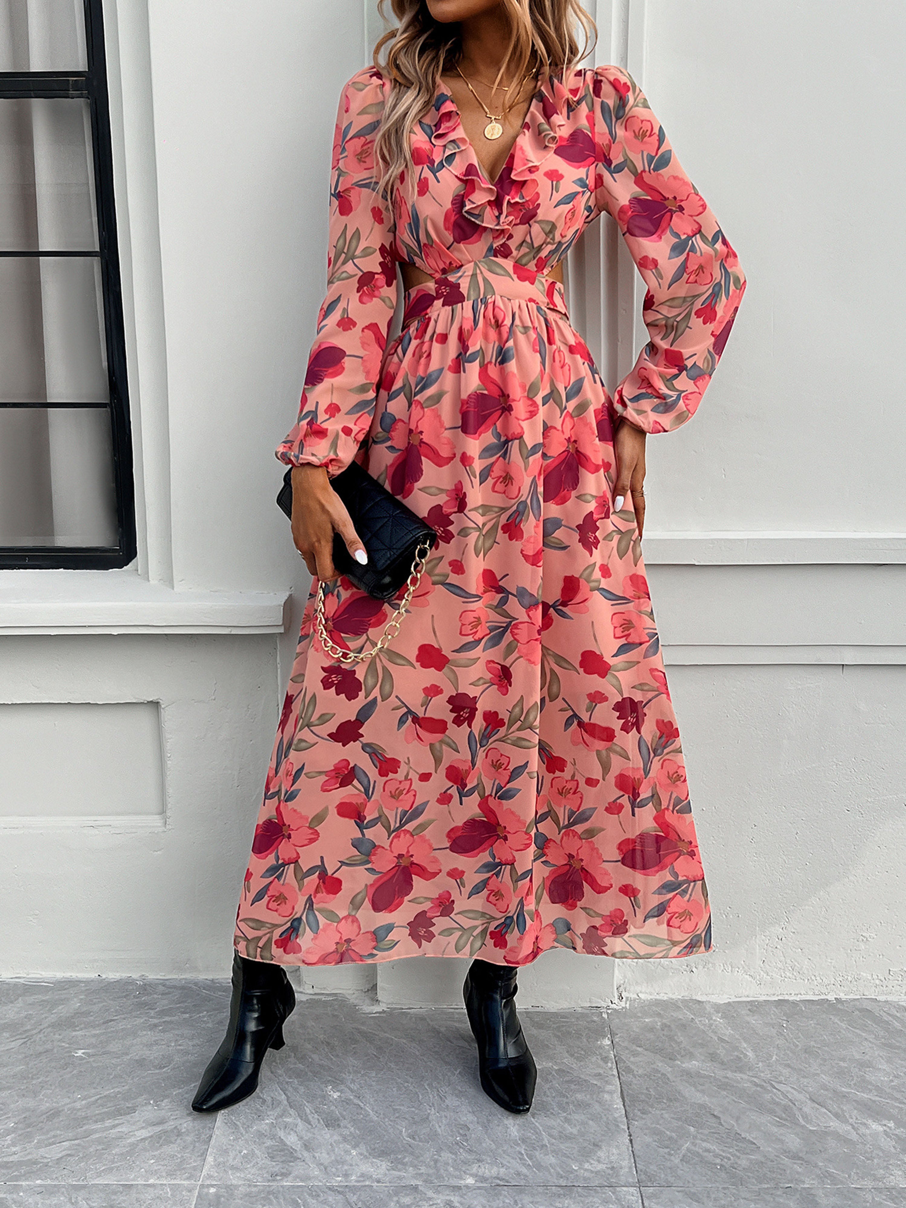 Robe Invitée de Mariage Pastèque Florale Robe bohème Col V Manches longues