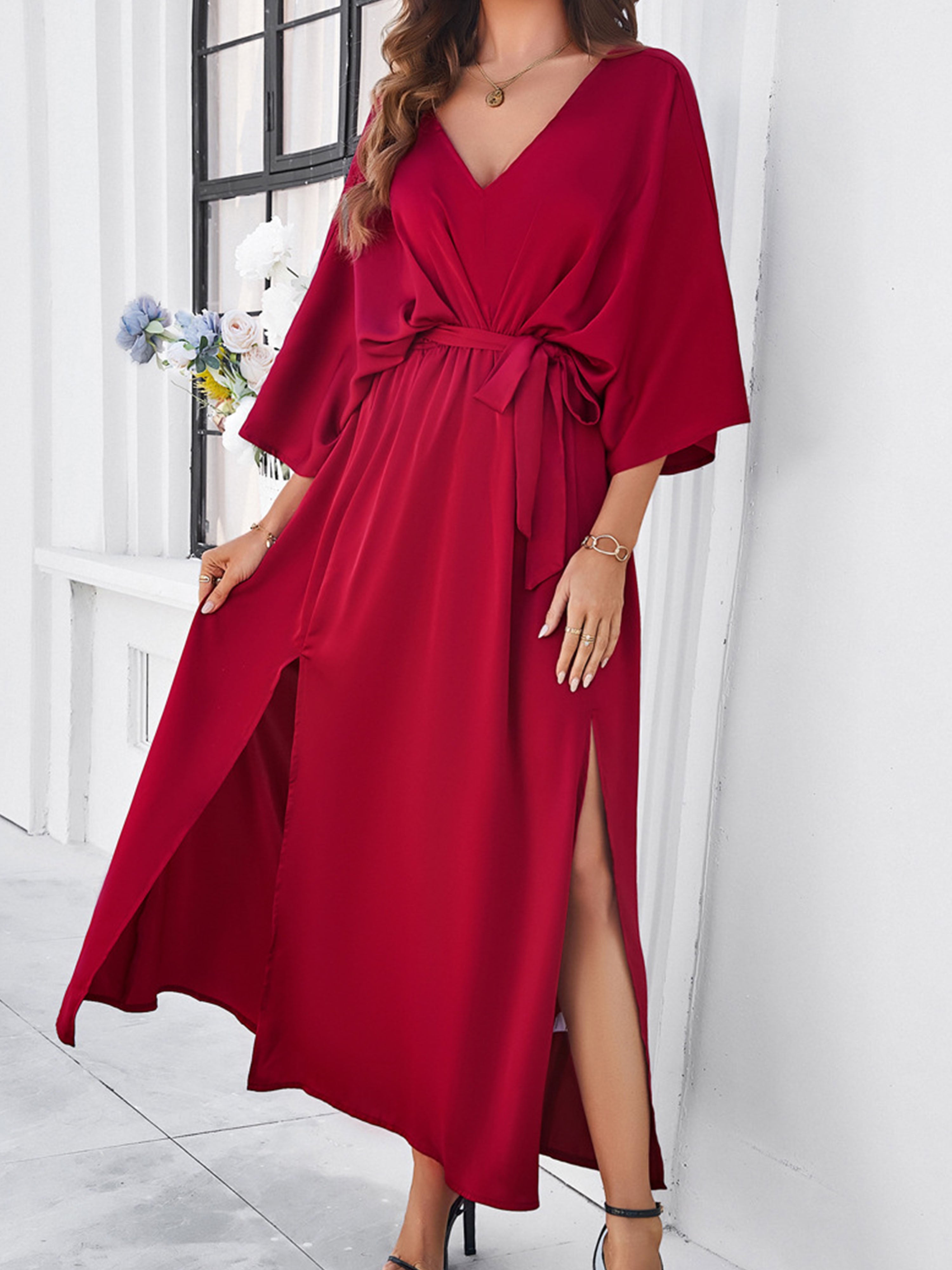 Elégante Robe Invitée de Mariage BORDEAUX Col V 3/4 Manches avec Ceinture