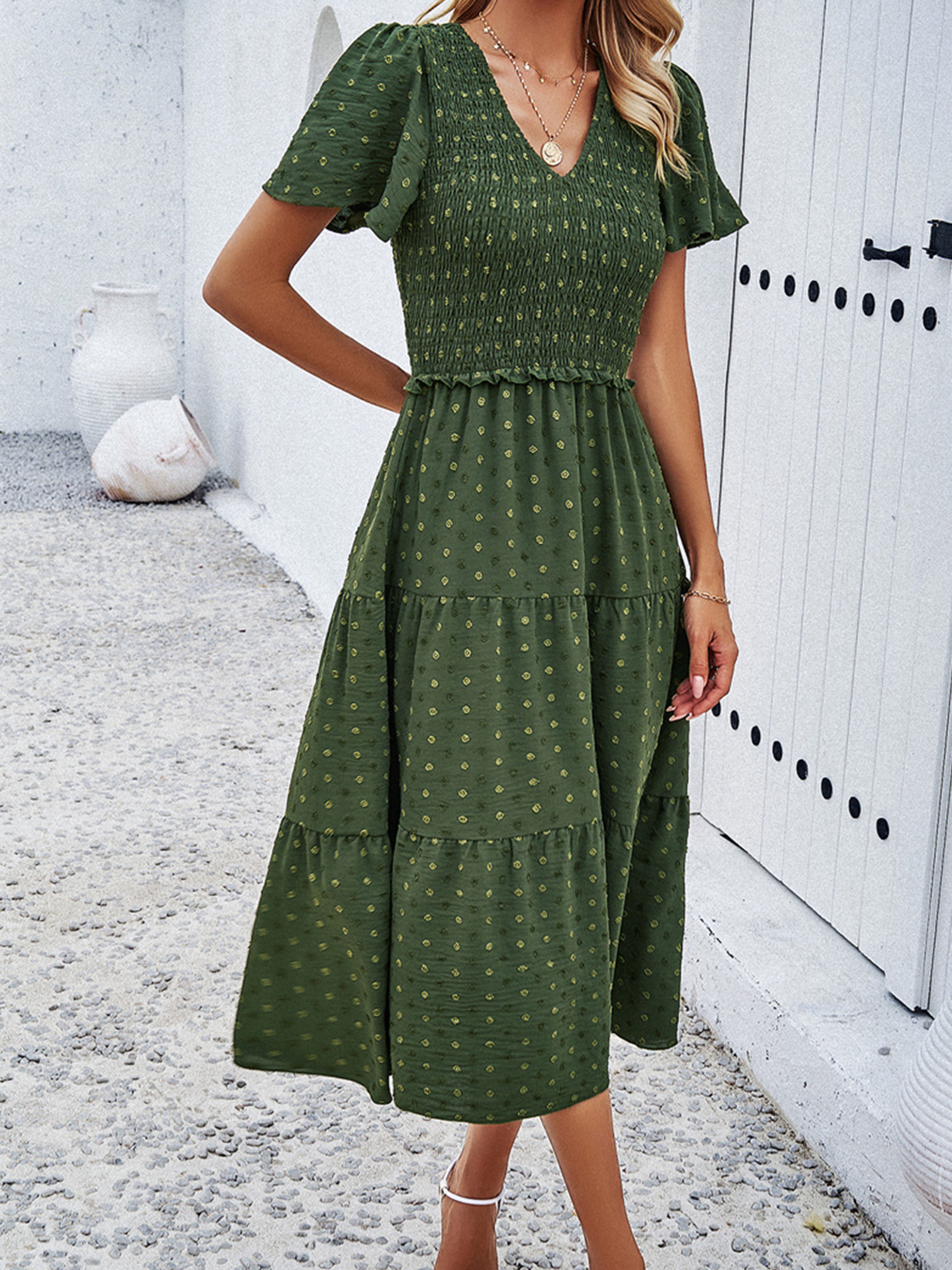 Robe Invitée de Mariage Vert olive foncé Robe à Pois Mi-longue Col V Manches Courtes