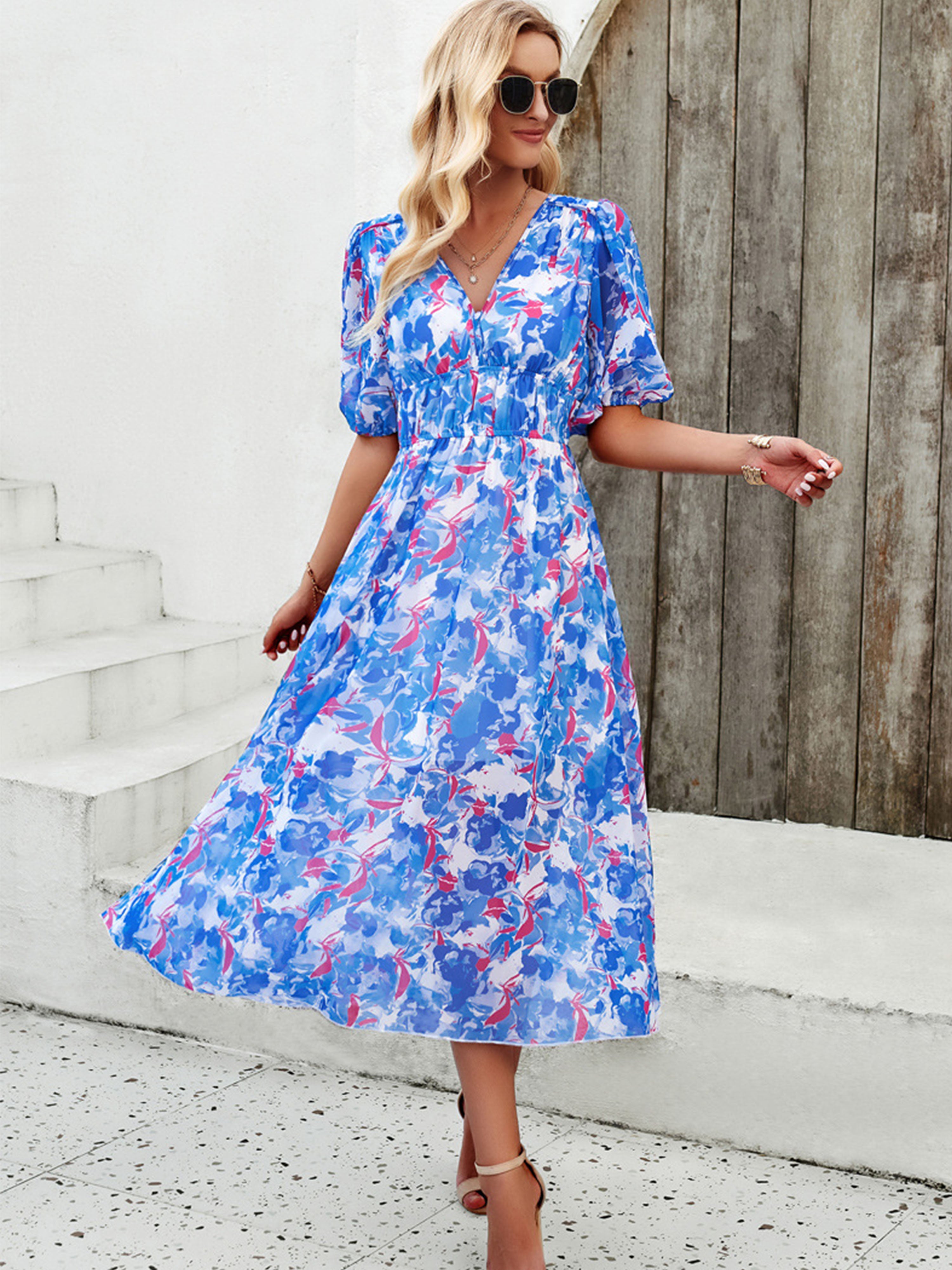 Robe en Bleu Trapèze Col V Manches Mi-Longue Robe Invitée de Mariage