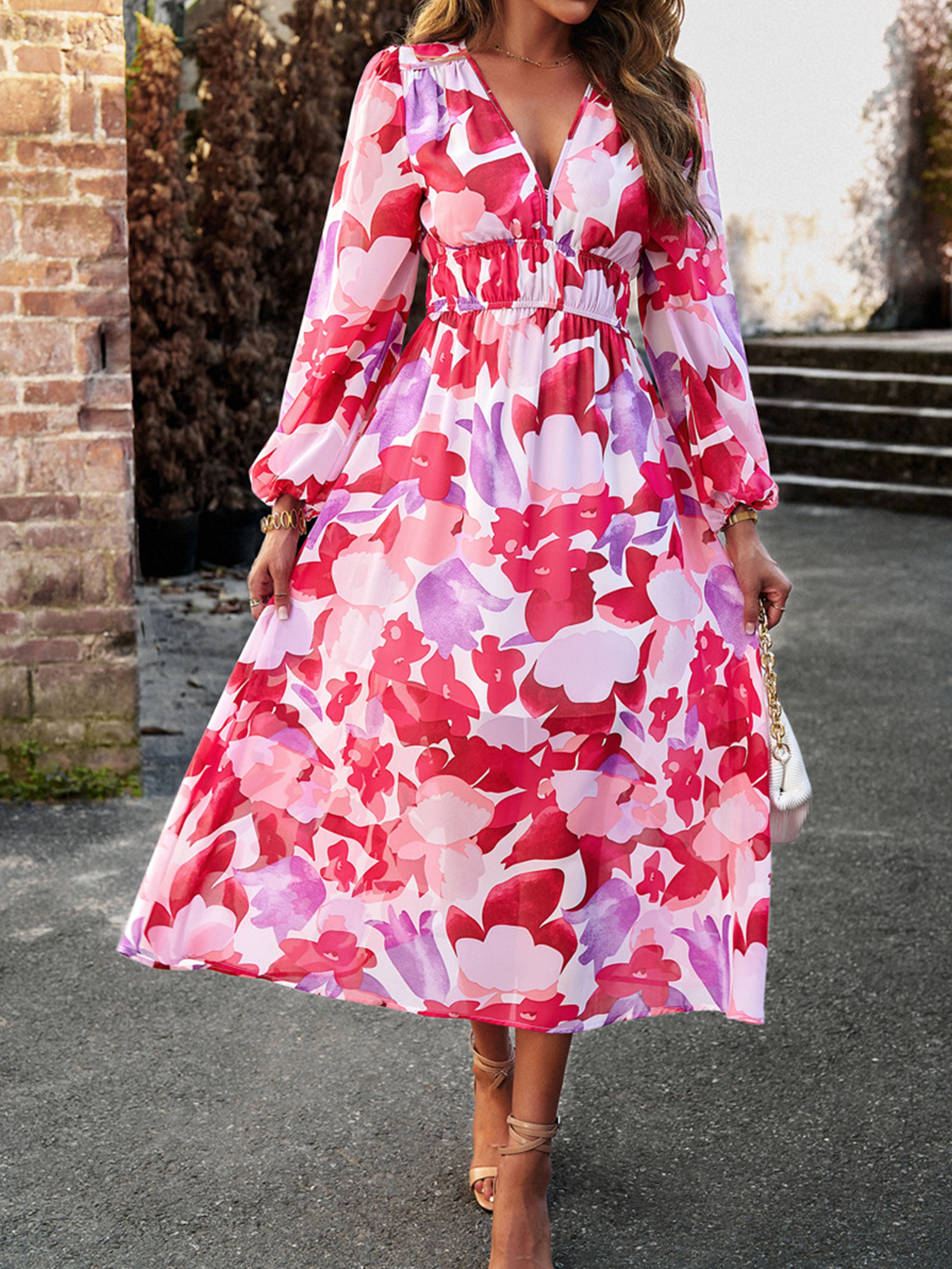 Robe en Rouge Trapèze Col V Manches Longues Robe Invitée de Mariage