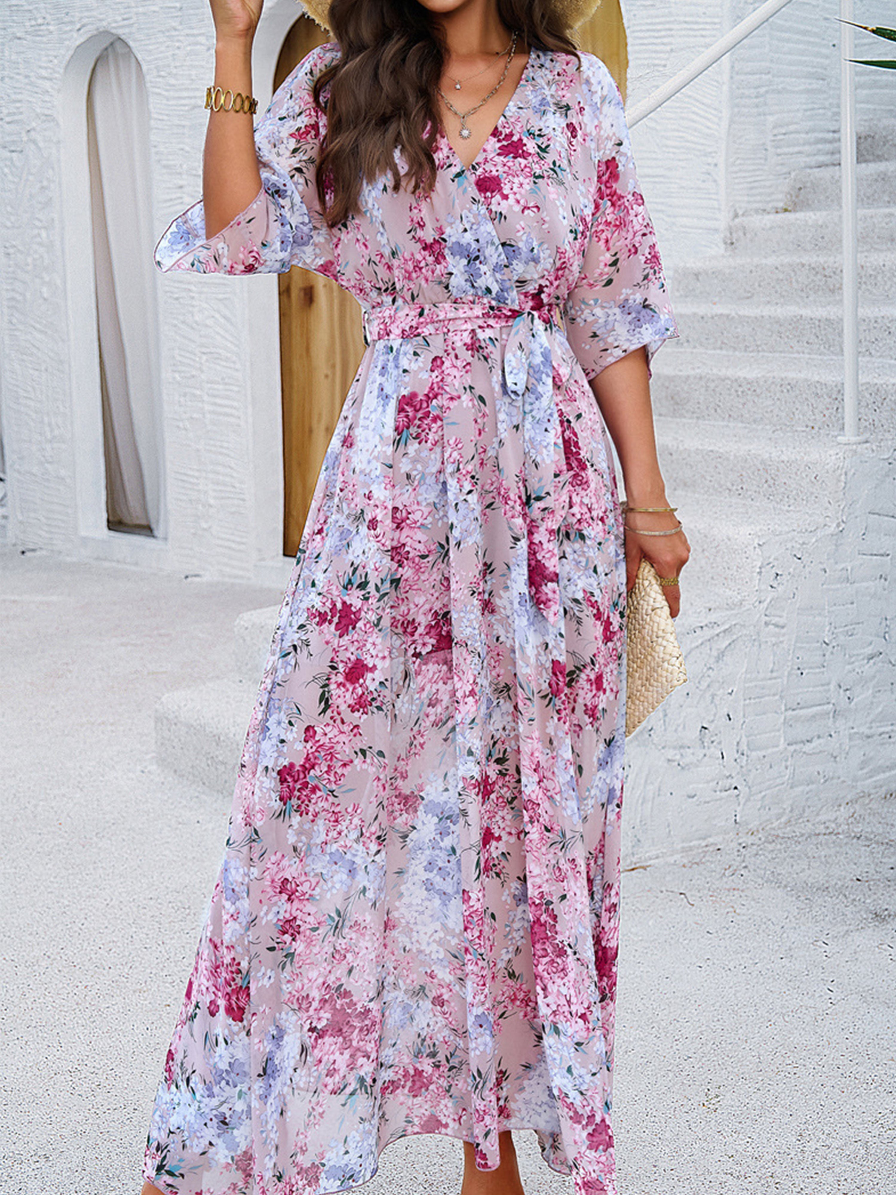 Robe Florale en Rose Trapèze Col V Manches Mi-Longue Robe Invitée de Mariage