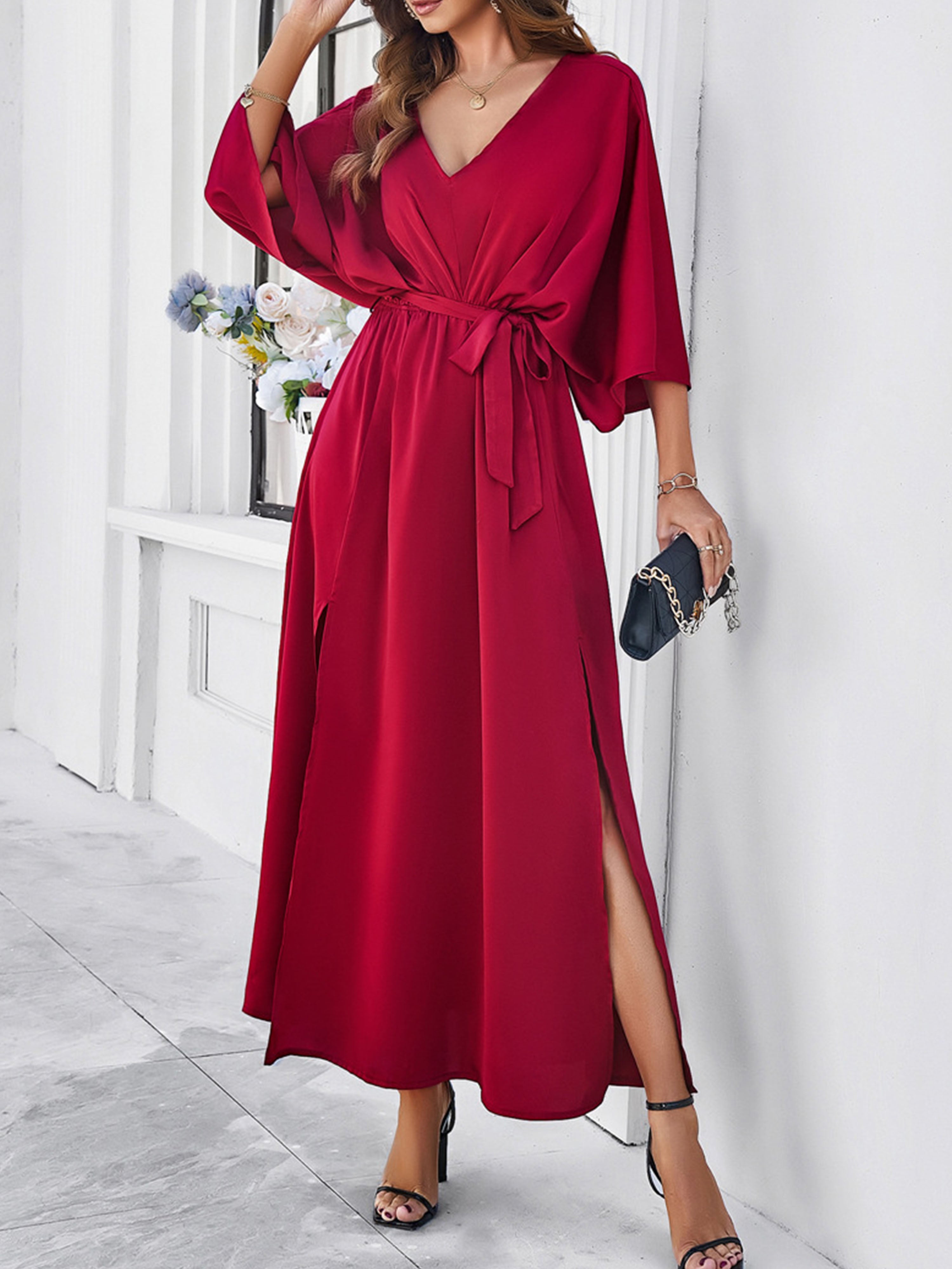 Elégante Robe Invitée de Mariage BORDEAUX Col V 3/4 Manches avec Ceinture