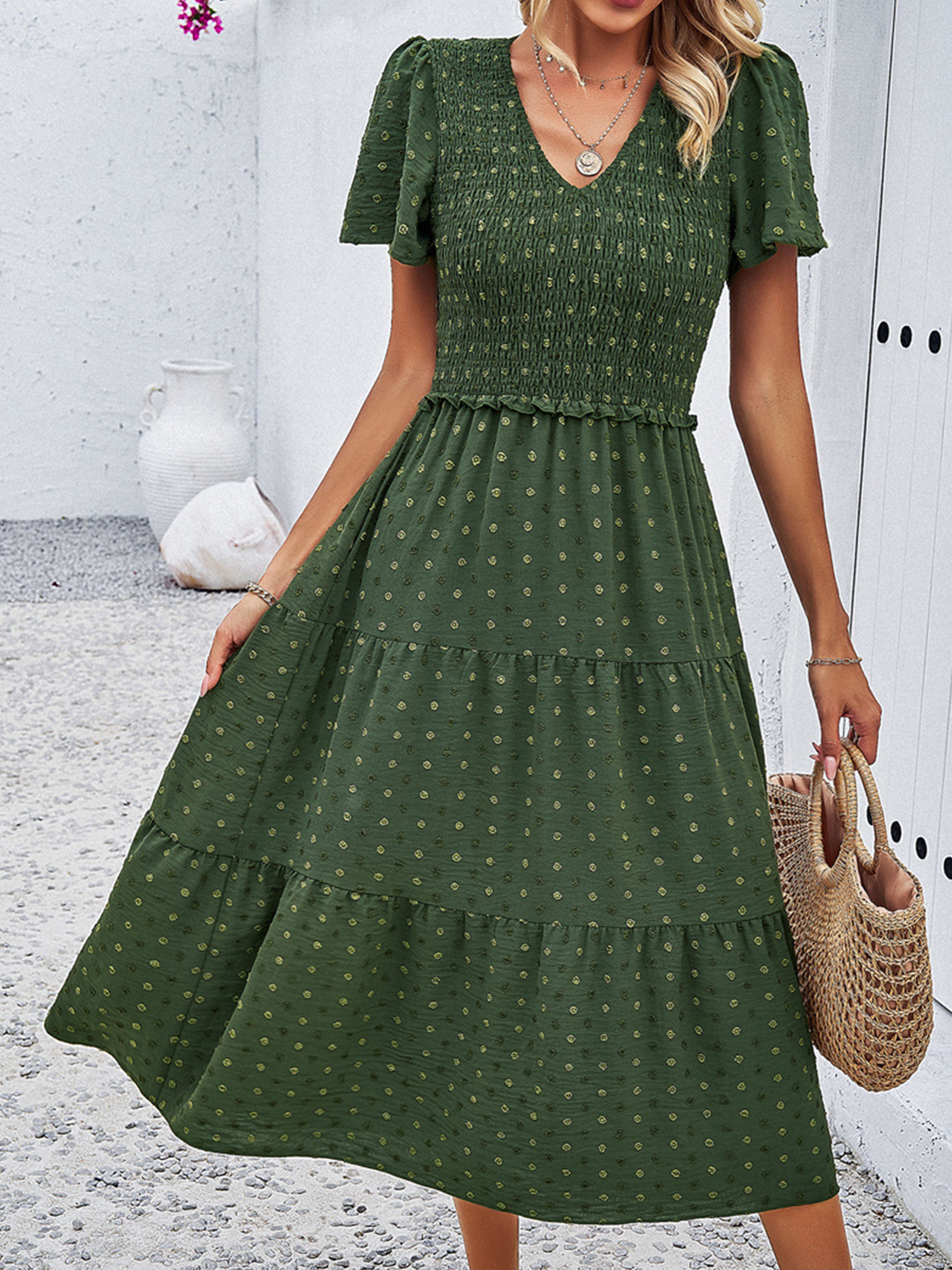 Robe Invitée de Mariage Vert olive foncé Robe à Pois Mi-longue Col V Manches Courtes