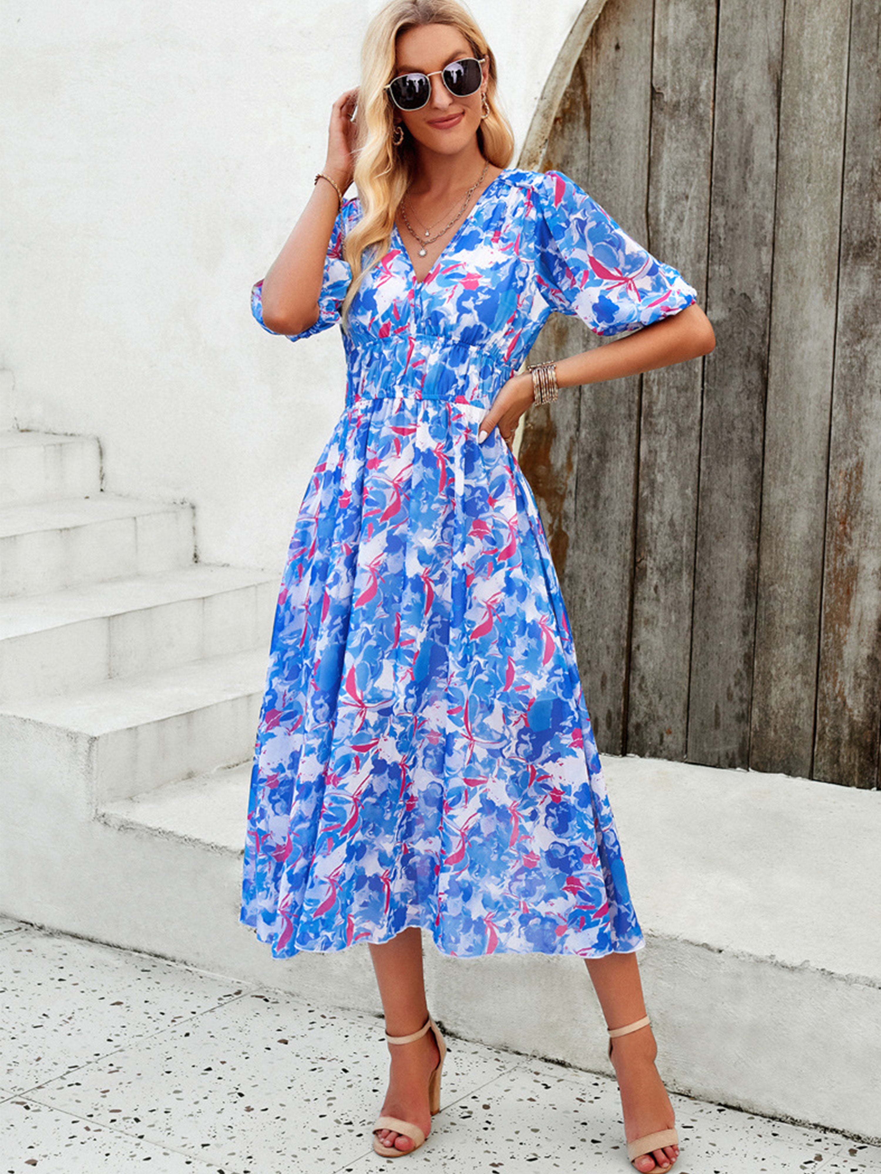 Robe en Bleu Trapèze Col V Manches Mi-Longue Robe Invitée de Mariage