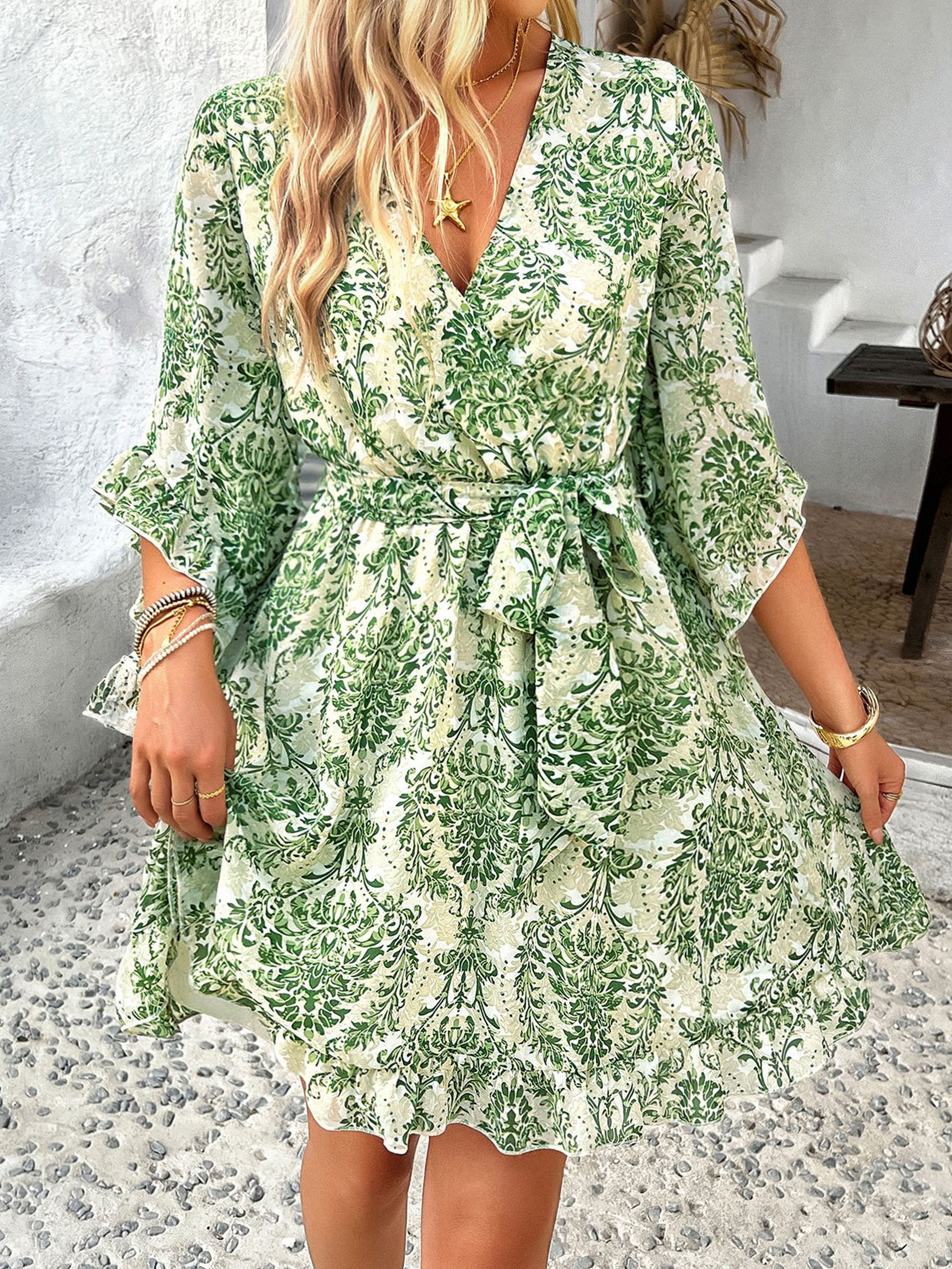 Robe en Blanc et Vert Noeud Papillon Col V Manches Mi-Longue à Volants Robe Invitée de Mariage