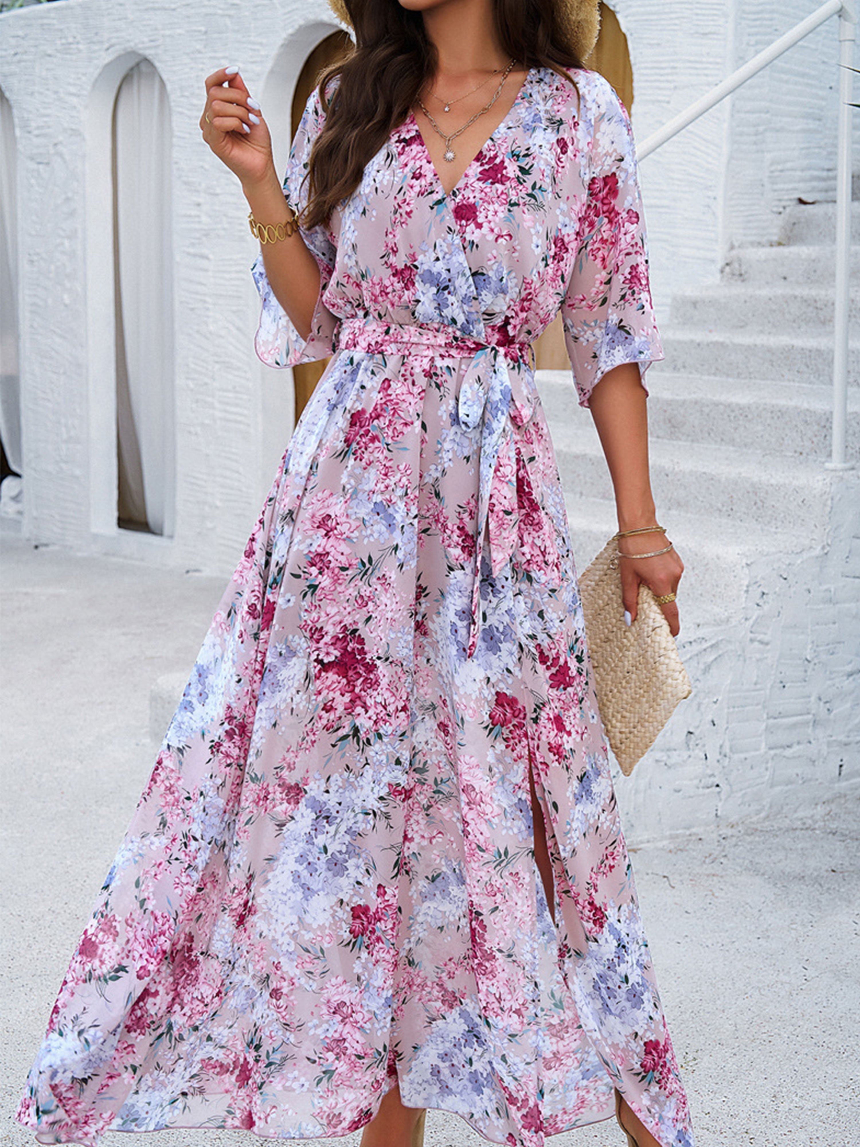 Robe Florale en Rose Trapèze Col V Manches Mi-Longue Robe Invitée de Mariage