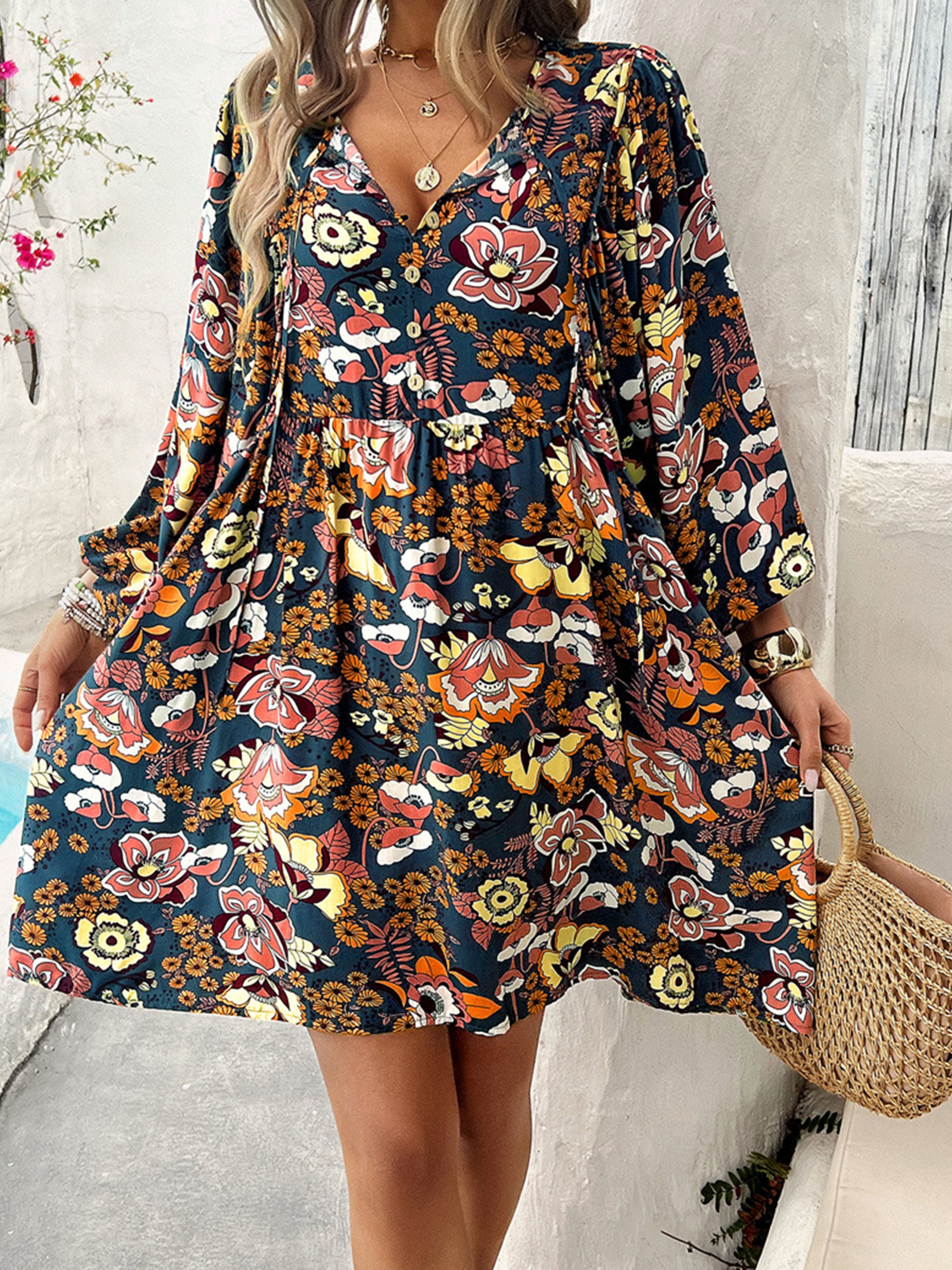 Décontracté Robe Invitée de Mariage NOIR Florale Col V Manches Longues