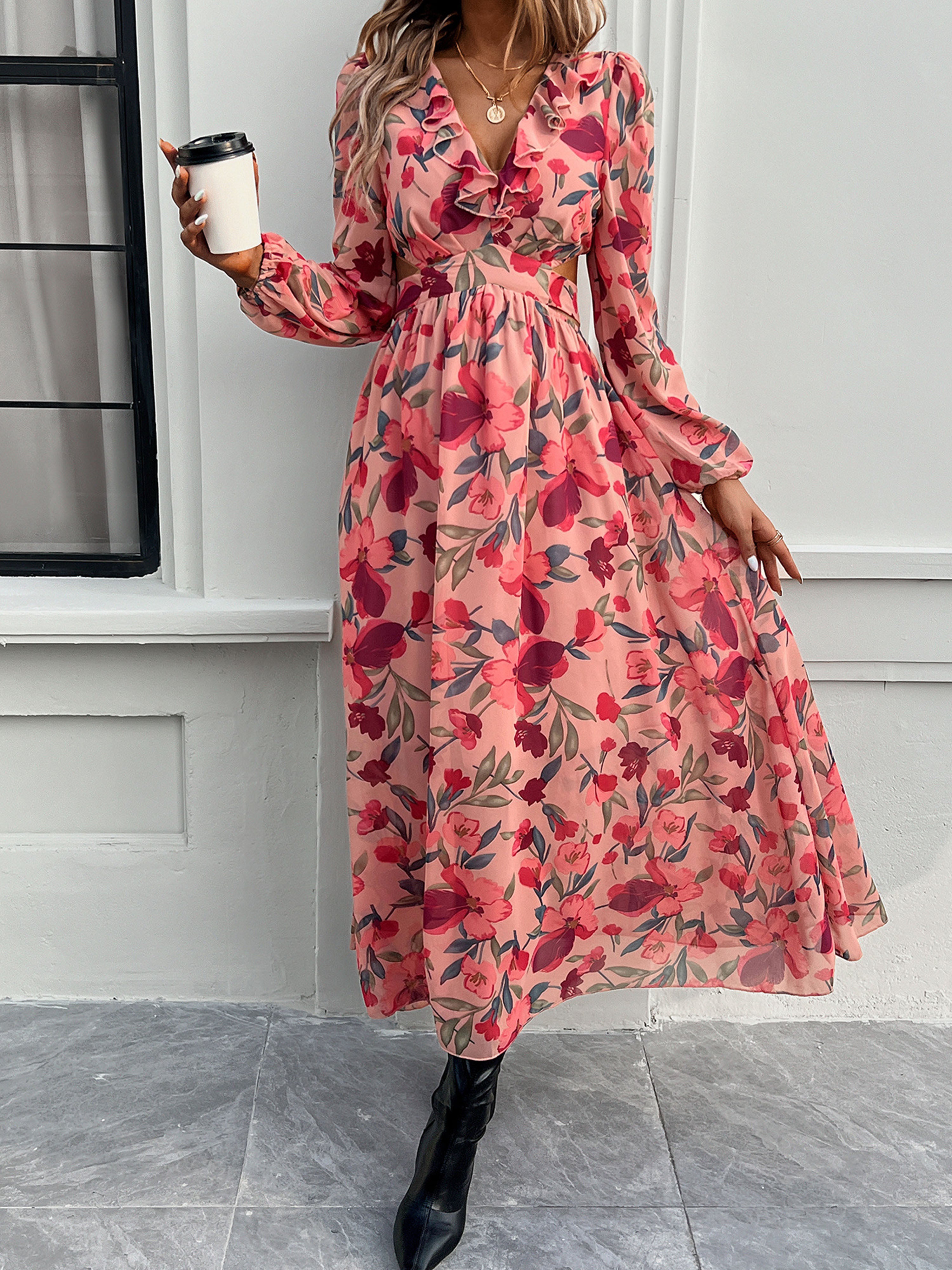 Robe Invitée de Mariage Pastèque Florale Robe bohème Col V Manches longues