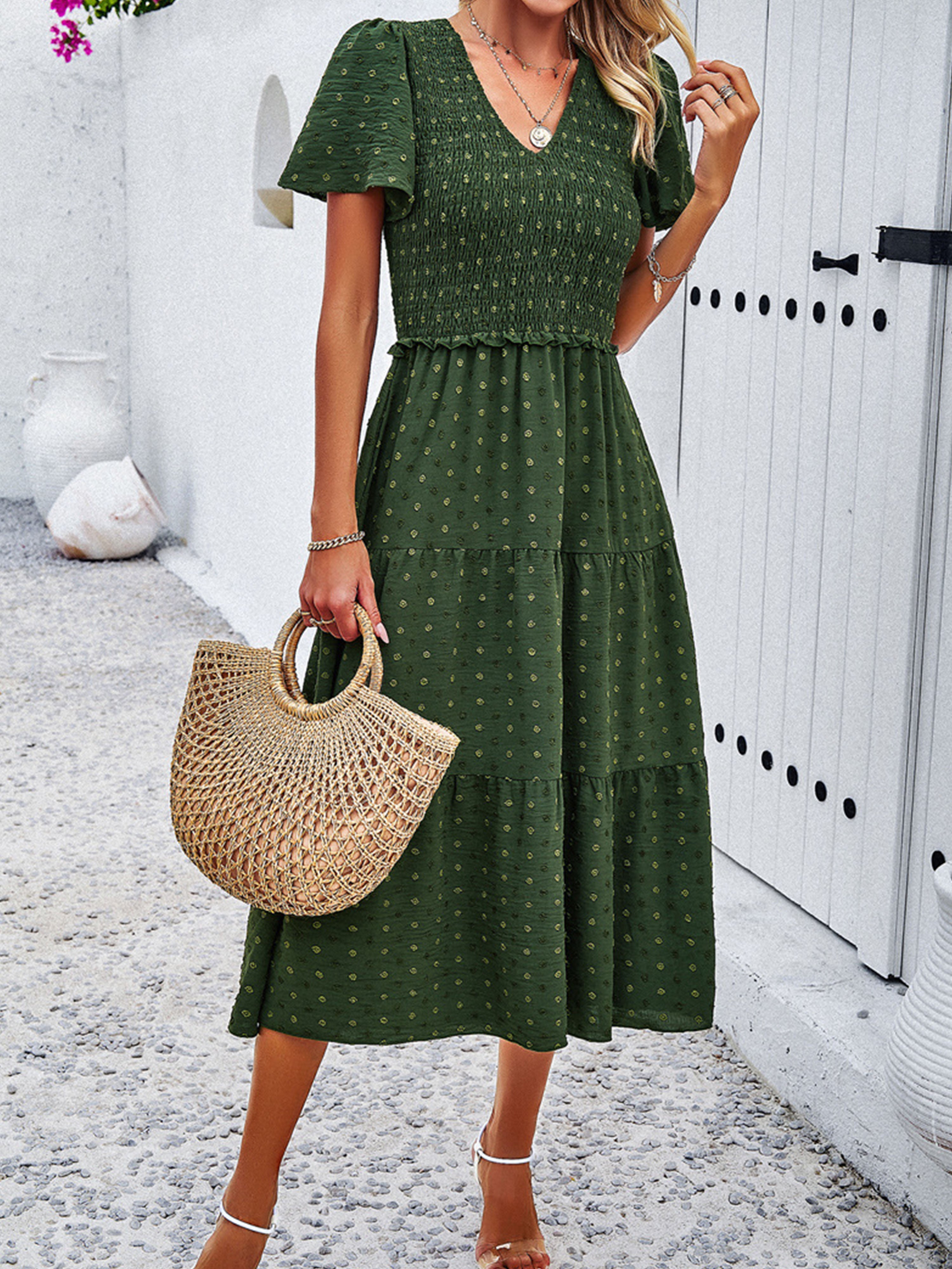 Robe Invitée de Mariage Vert olive foncé Robe à Pois Mi-longue Col V Manches Courtes