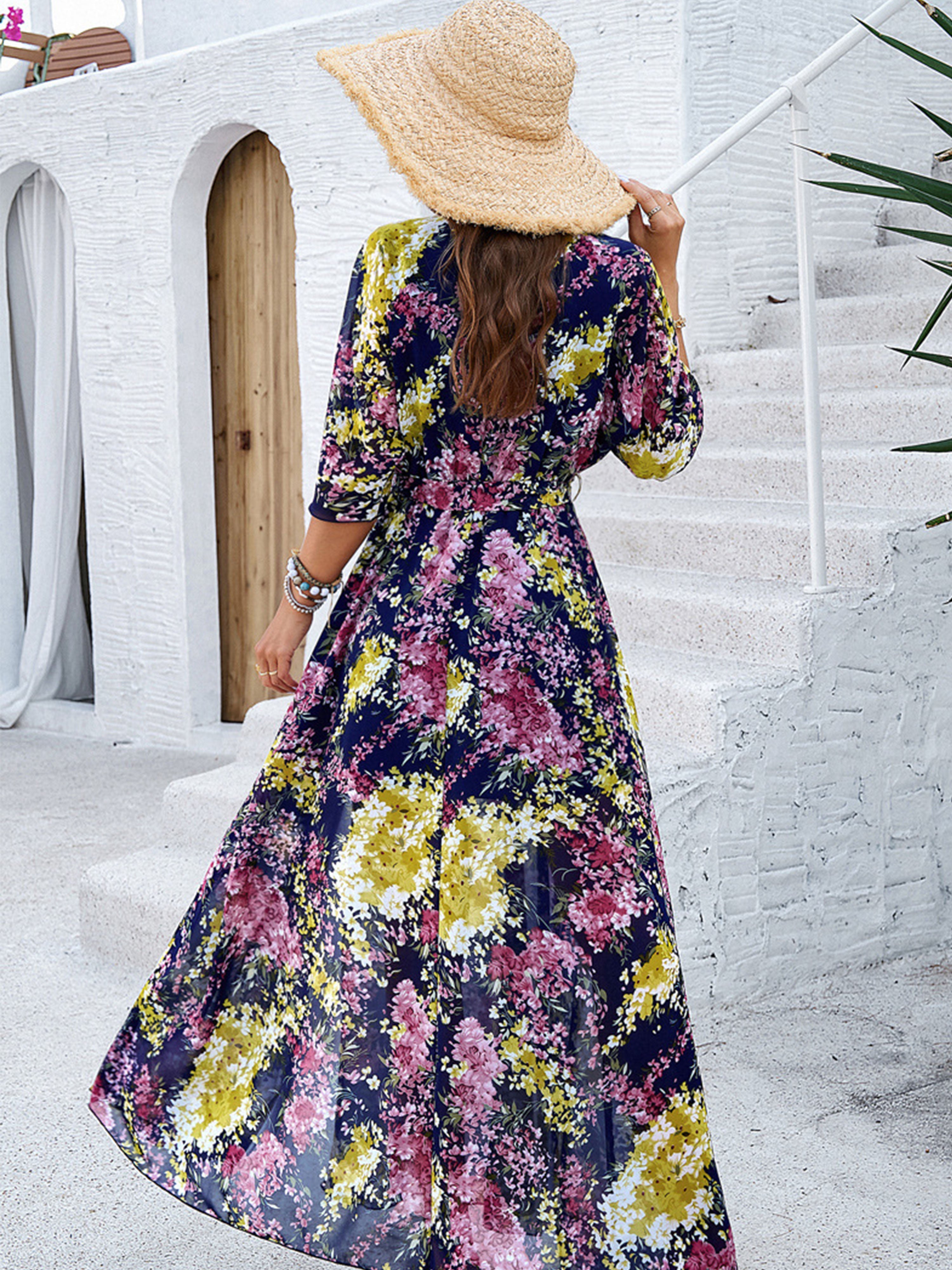 Robe Florale en Bleu Royale Trapèze Col V Manches Mi-Longue Robe Invitée de Mariage