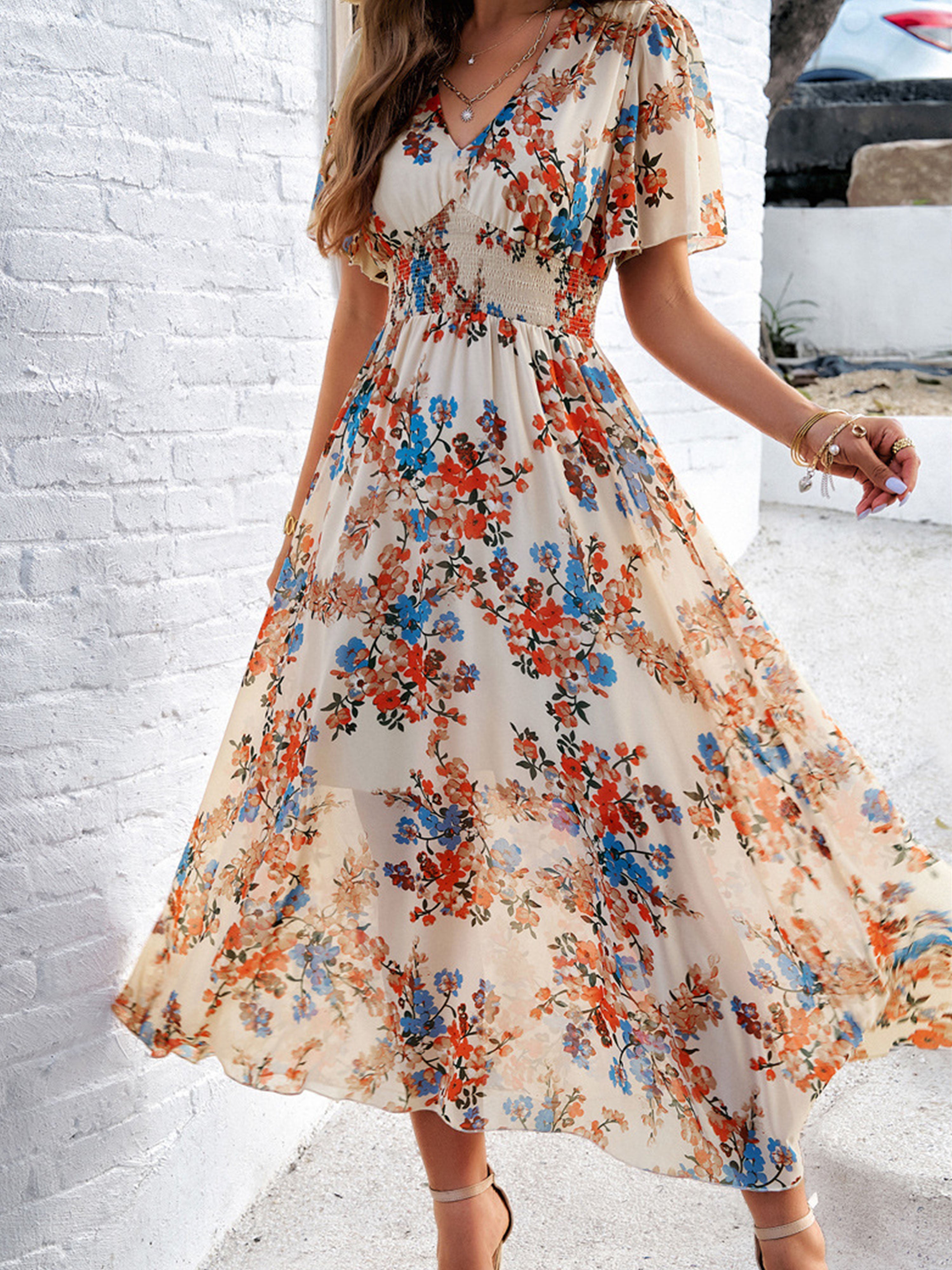 Robe en Abricot Trapèze Col V Manches Mi-Longue Robe Invitée de Mariage