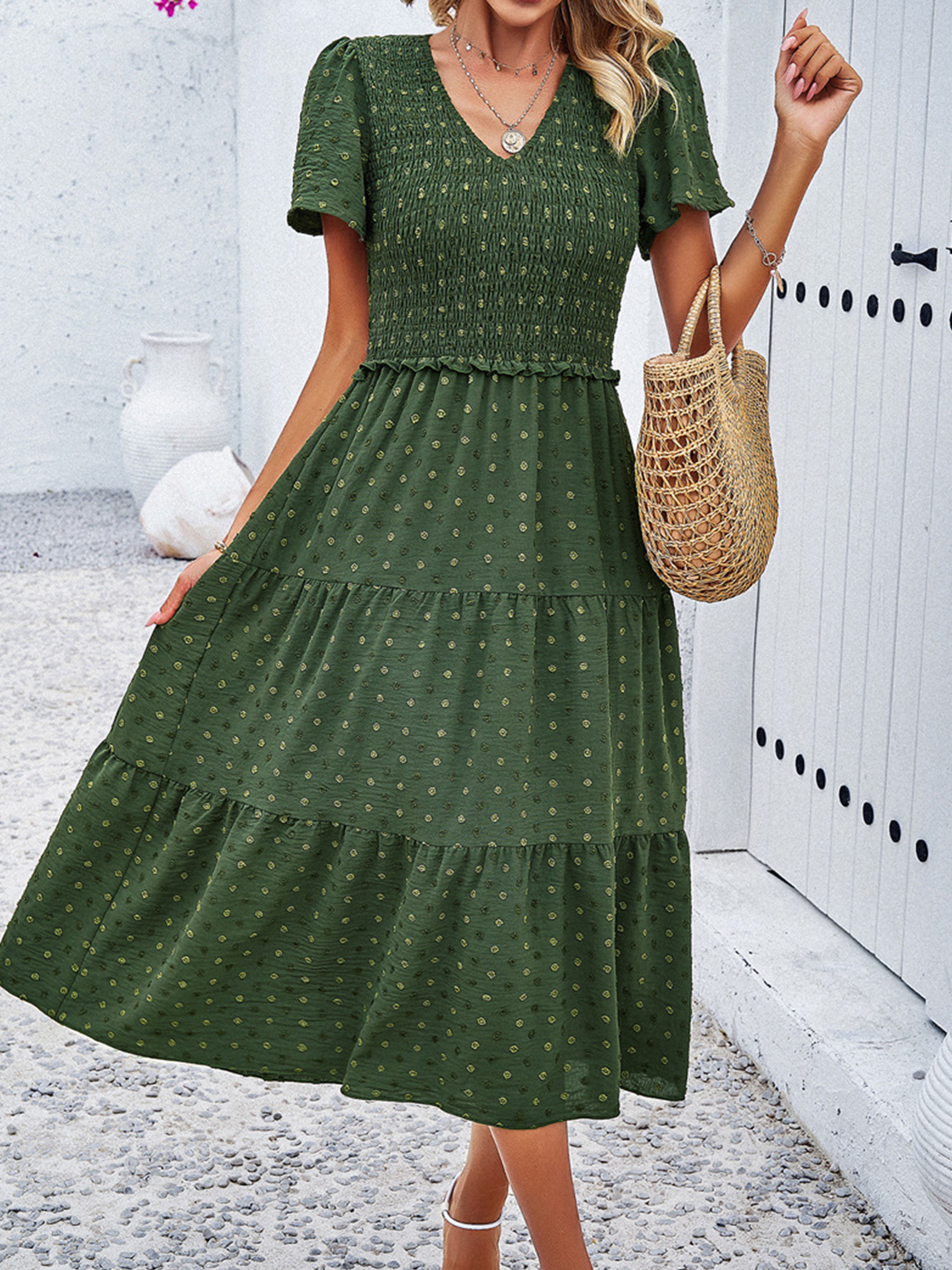 Robe Invitée de Mariage Vert olive foncé Robe à Pois Mi-longue Col V Manches Courtes