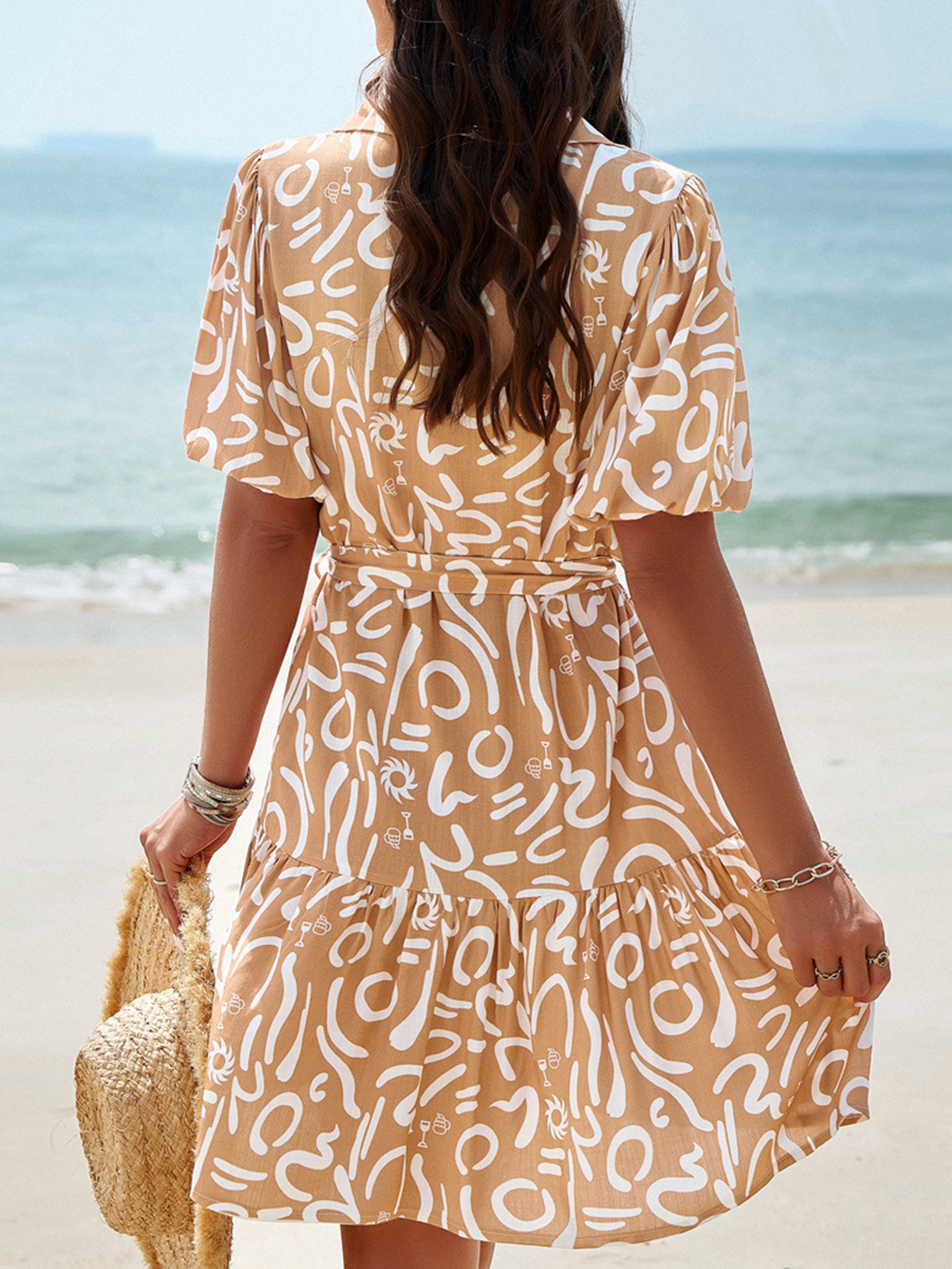 Robe en Kaki Trapèze Col Polo Manches Courtes Robe Invitée de Mariage