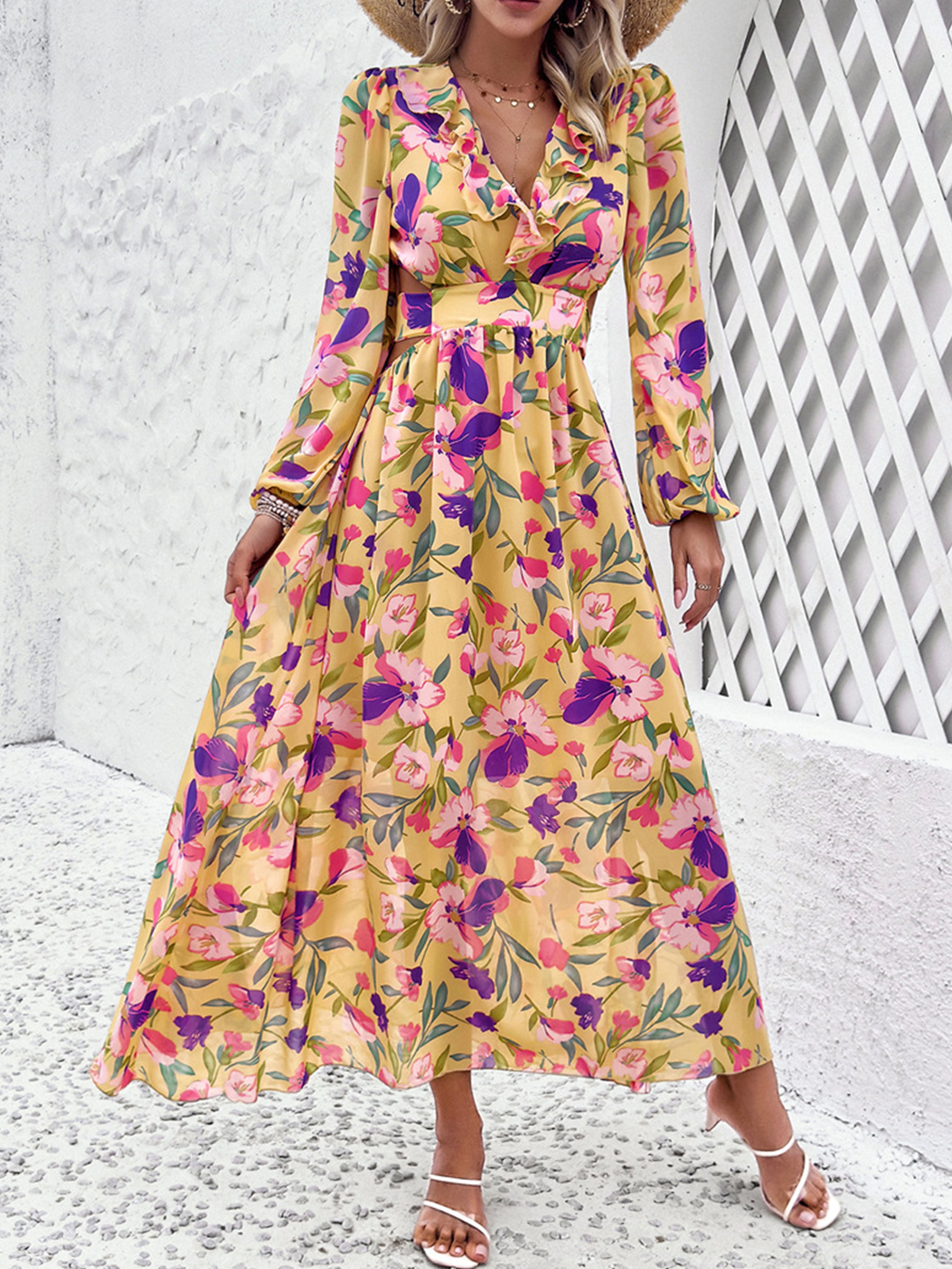 Robe Invitée de Mariage Or Florale Robe bohème Col V Manches longues