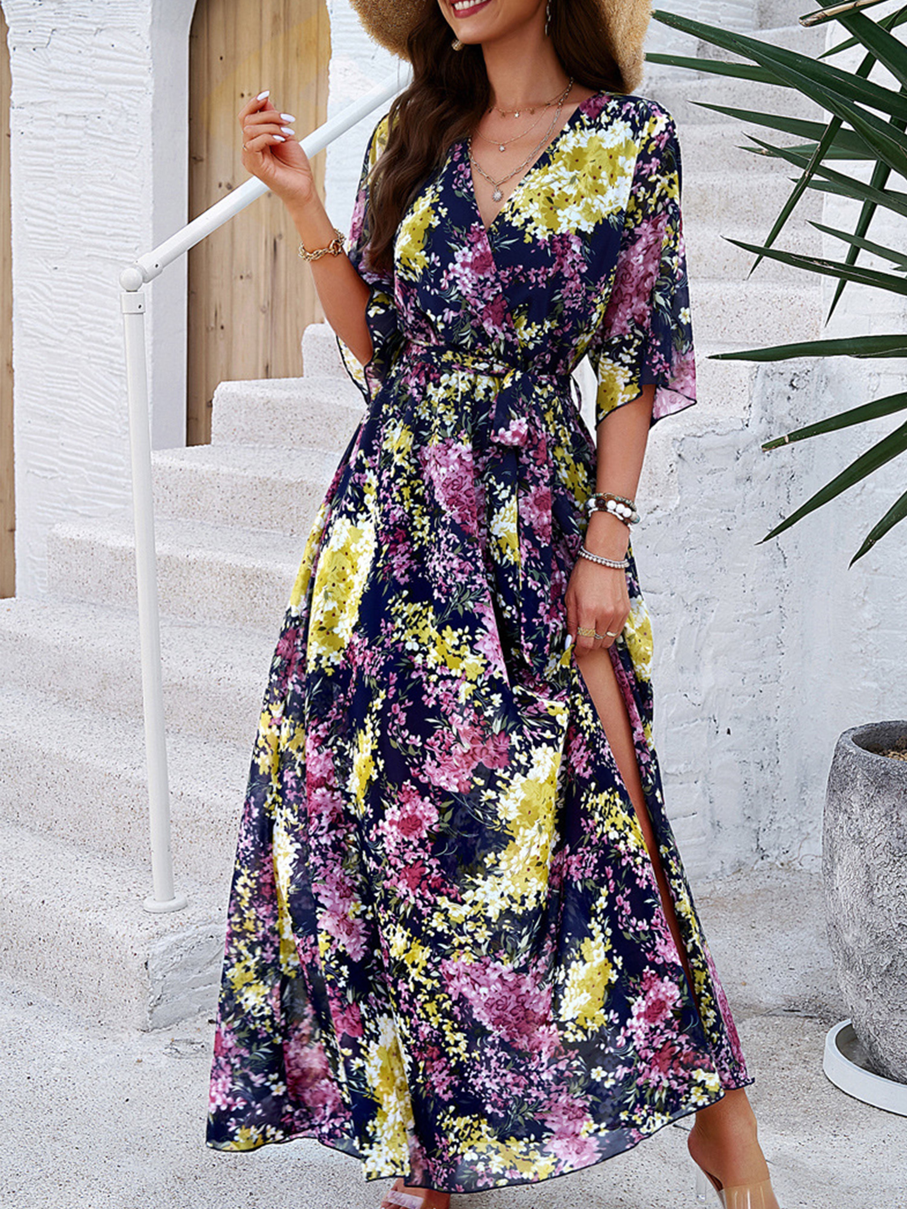 Robe Florale en Bleu Royale Trapèze Col V Manches Mi-Longue Robe Invitée de Mariage