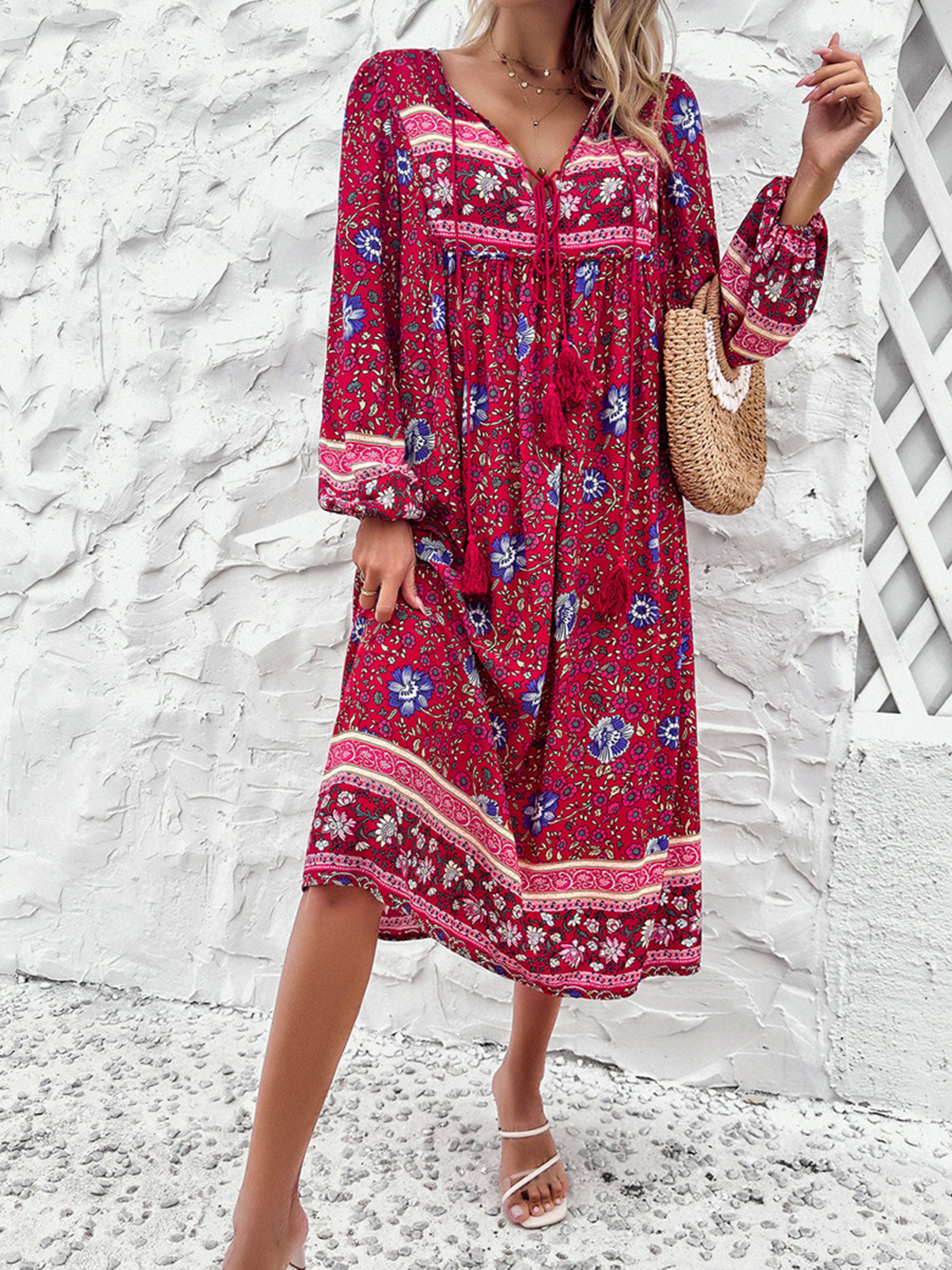 Robe Invitée de Mariage FUCHSIA Robe bohème mariage invité Col V Manches longues