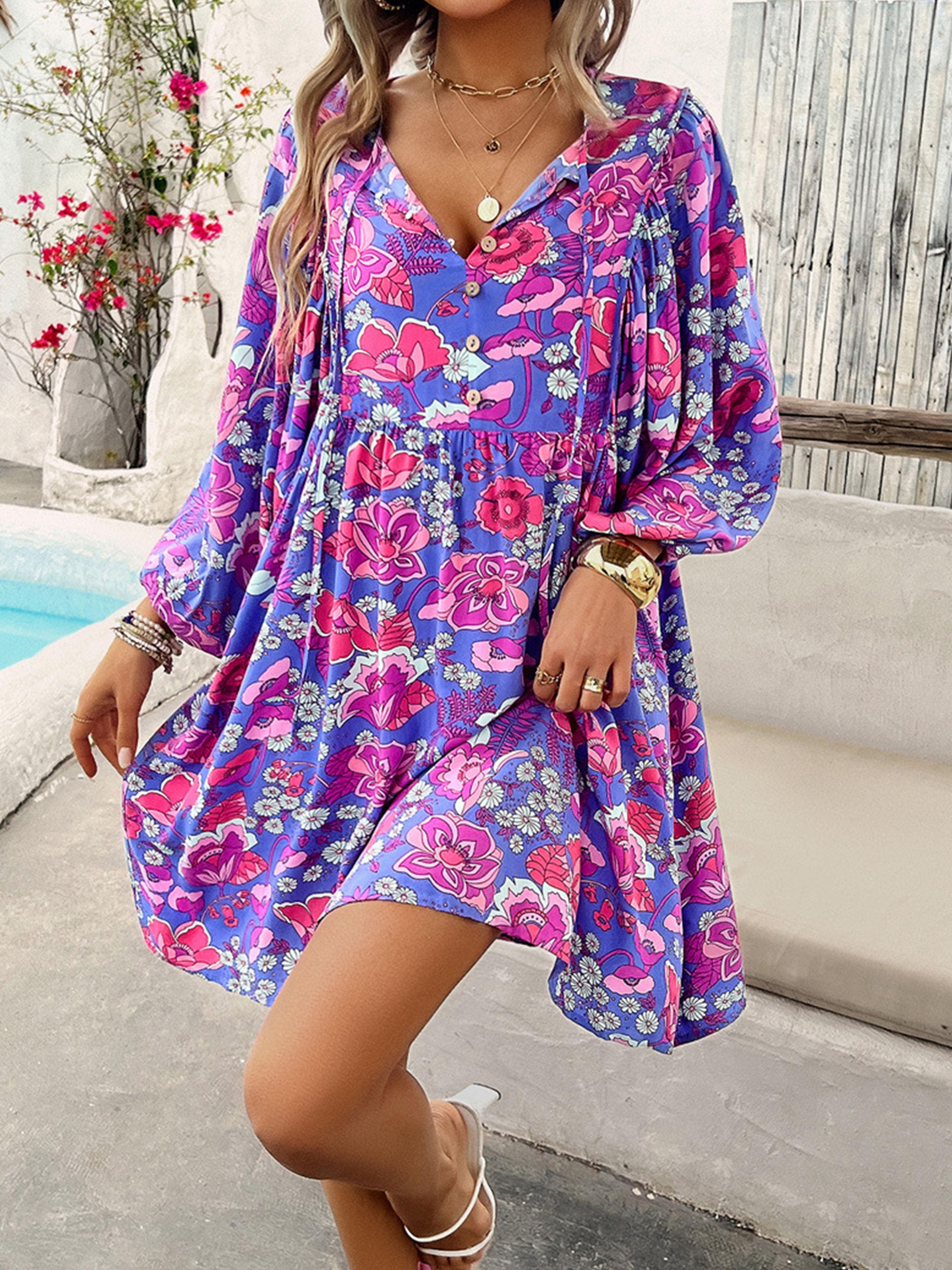 Décontracté Robe Invitée de Mariage REGENCE Florale Col V Manches Longues