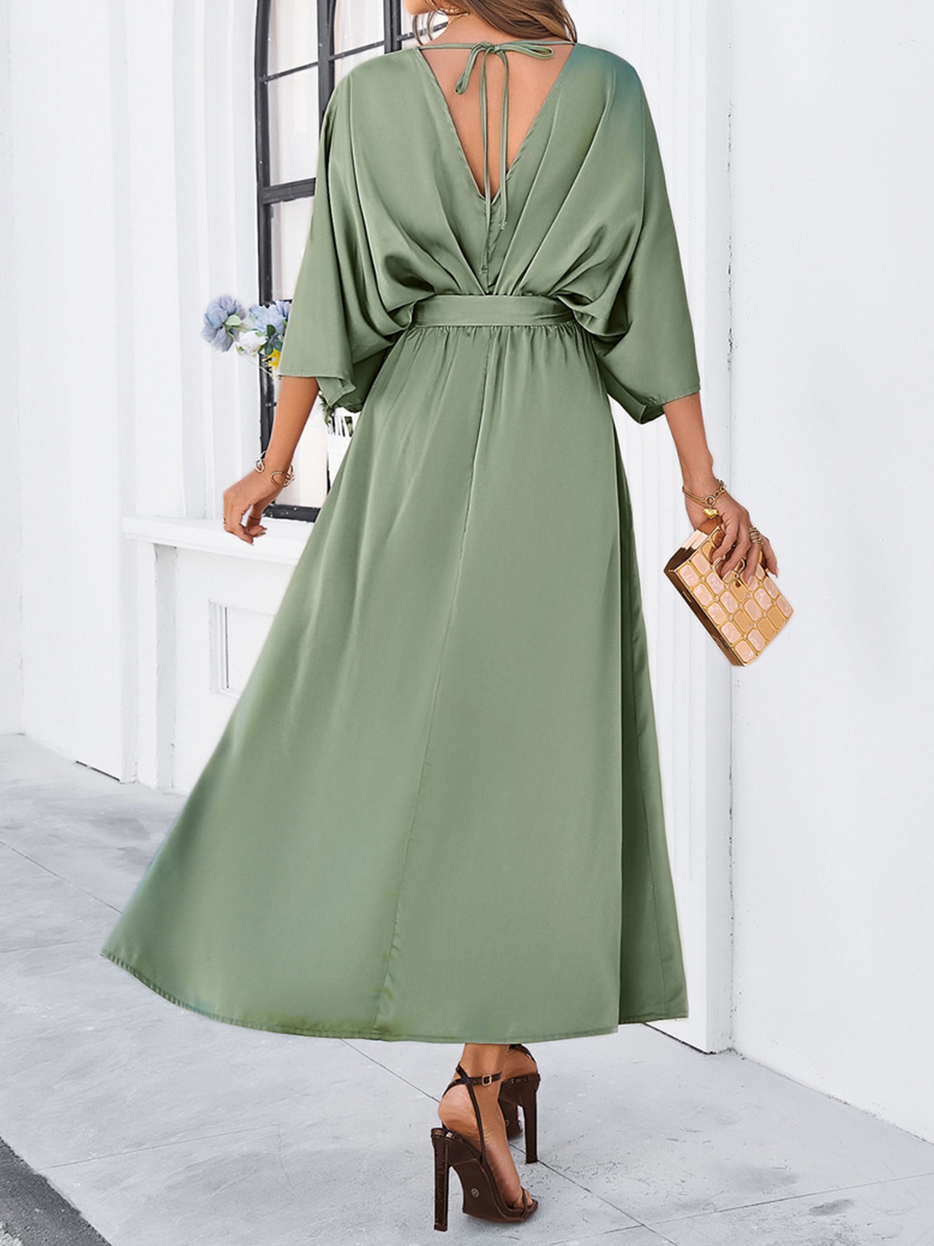 Elégante Robe Invitée de Mariage SAUGE POUDREE Col V 3/4 Manches avec Ceinture