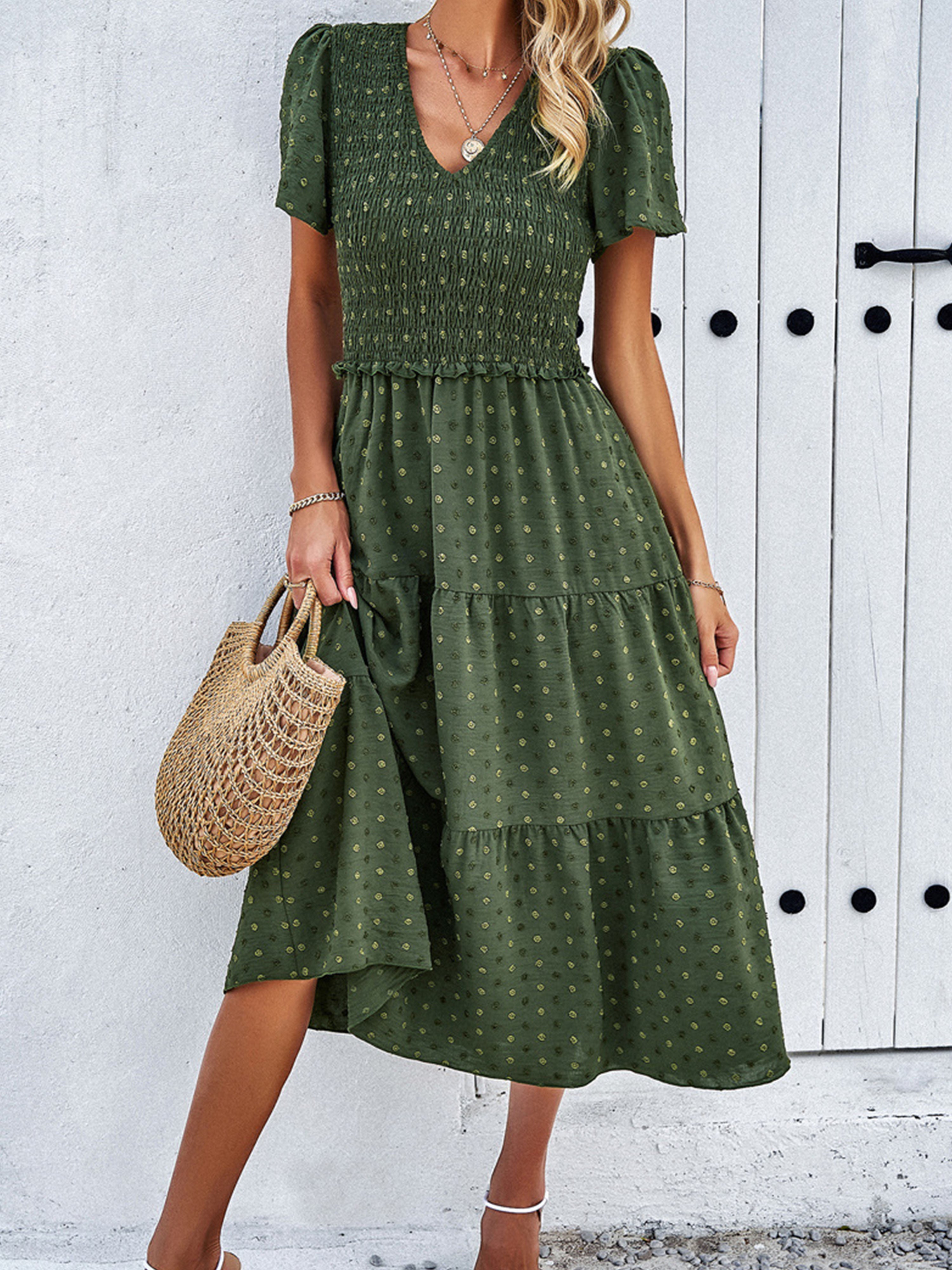 Robe Invitée de Mariage Vert olive foncé Robe à Pois Mi-longue Col V Manches Courtes