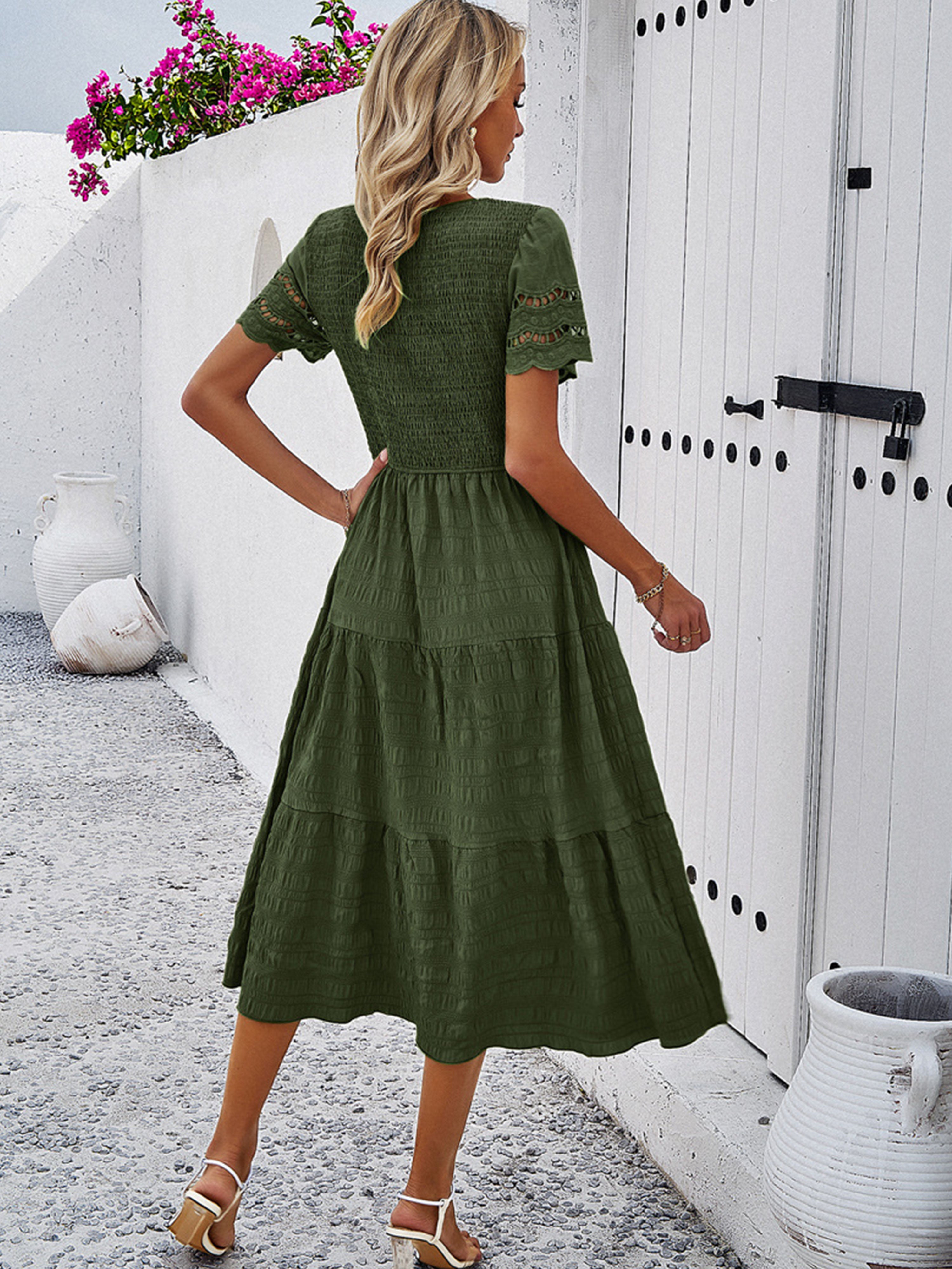 Robe en Vert Mousse Col Rond Manches Courtes Trapèze Robe Invitée de Mariage