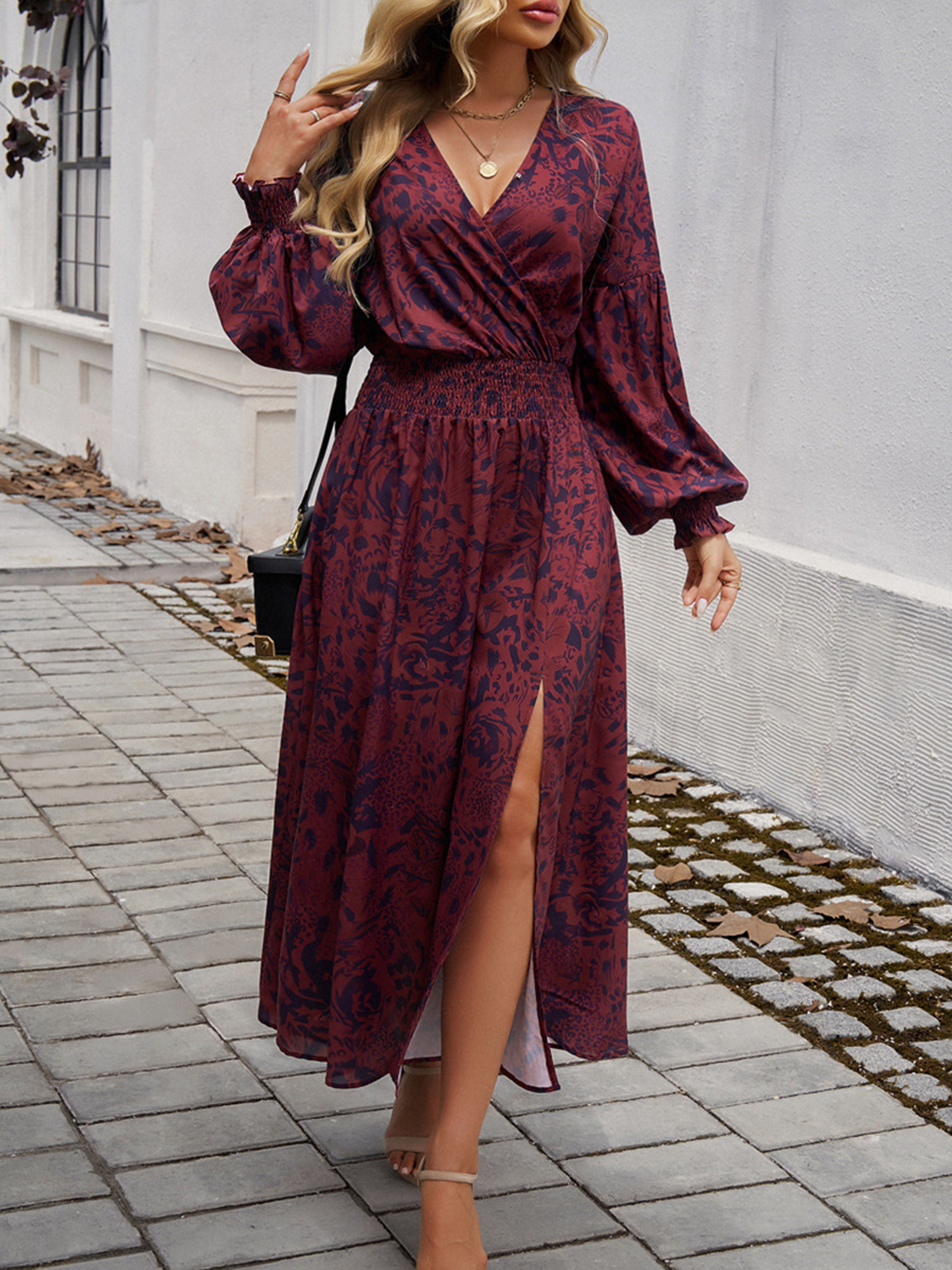 Robe Invitée Mariage Cabernet Encolure en V à Manches Longues avec Fente et Taille Empire