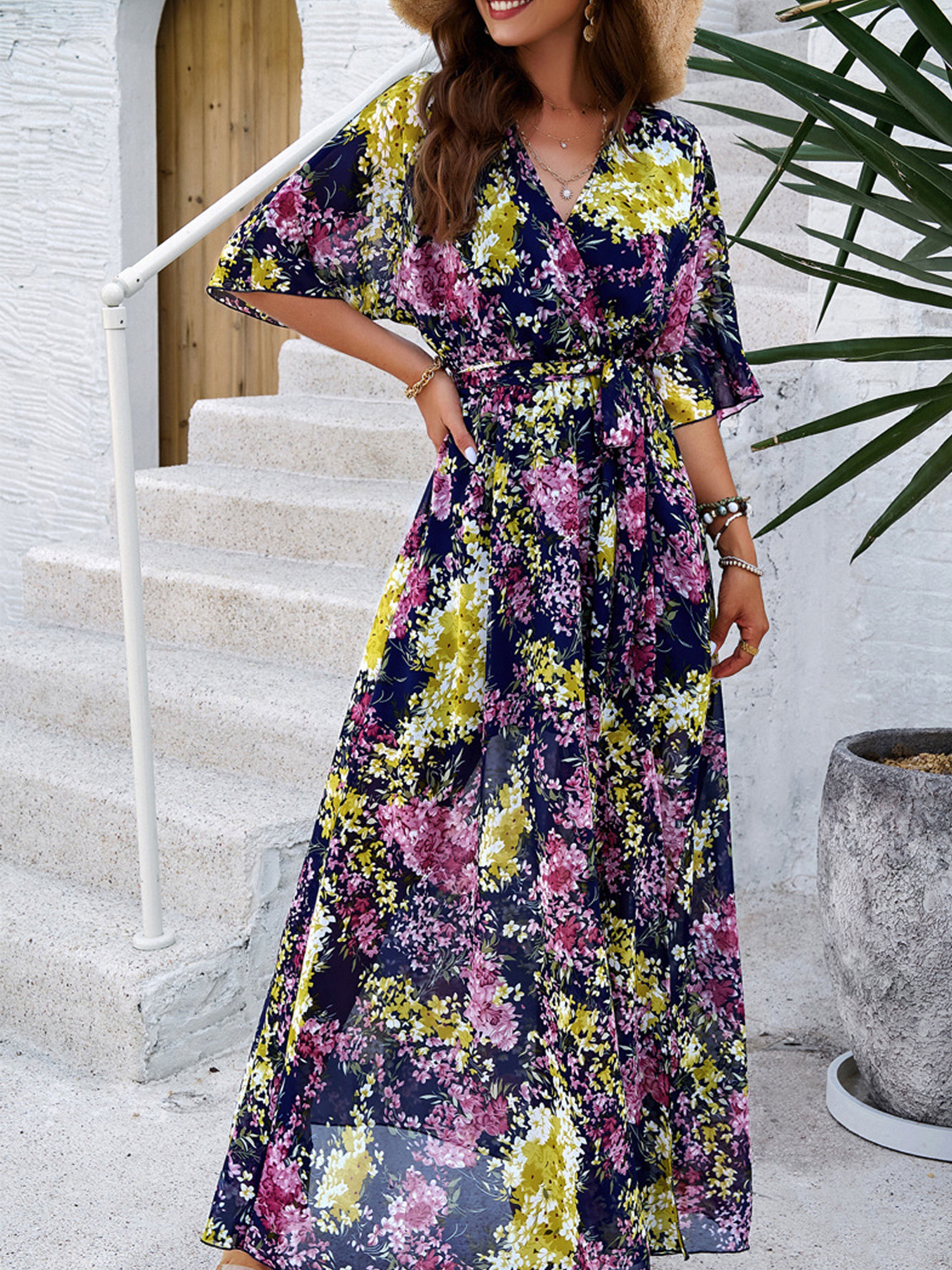 Robe Florale en Bleu Royale Trapèze Col V Manches Mi-Longue Robe Invitée de Mariage