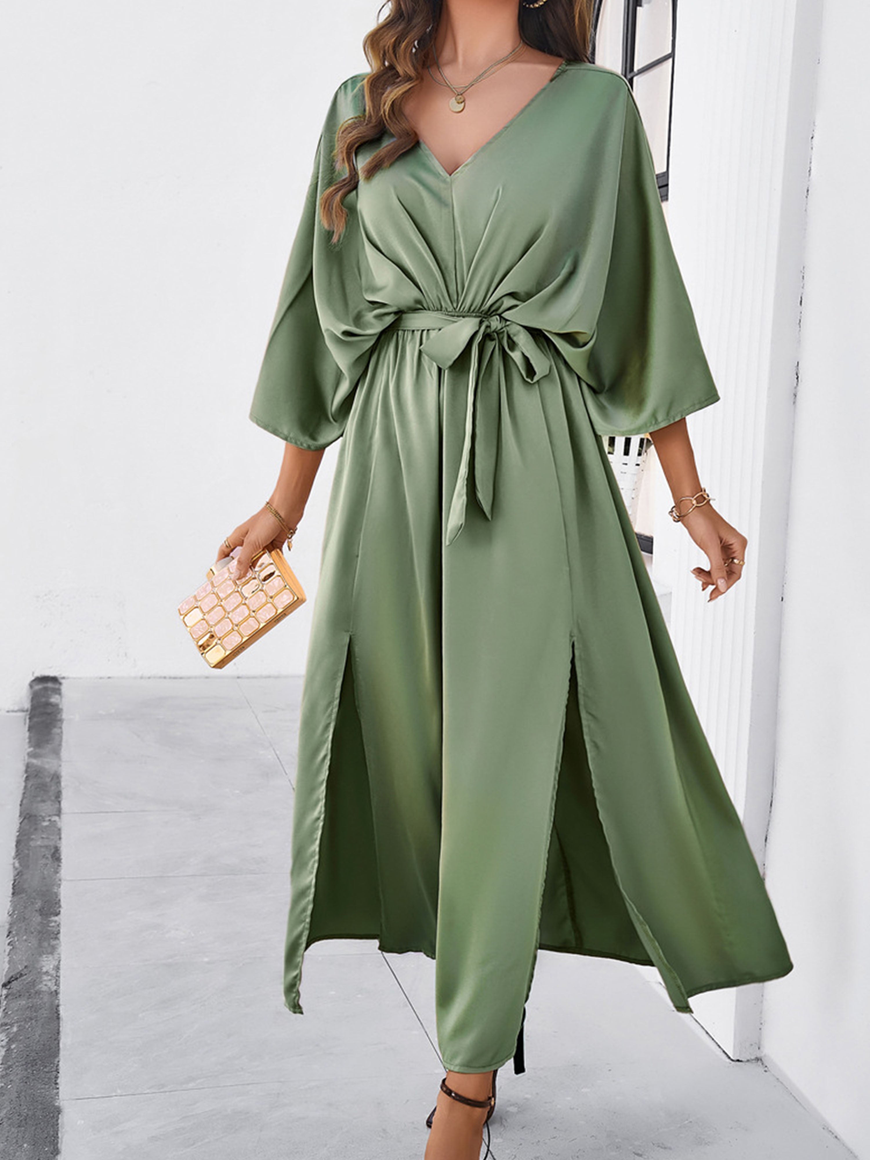 Elégante Robe Invitée de Mariage SAUGE POUDREE Col V 3/4 Manches avec Ceinture