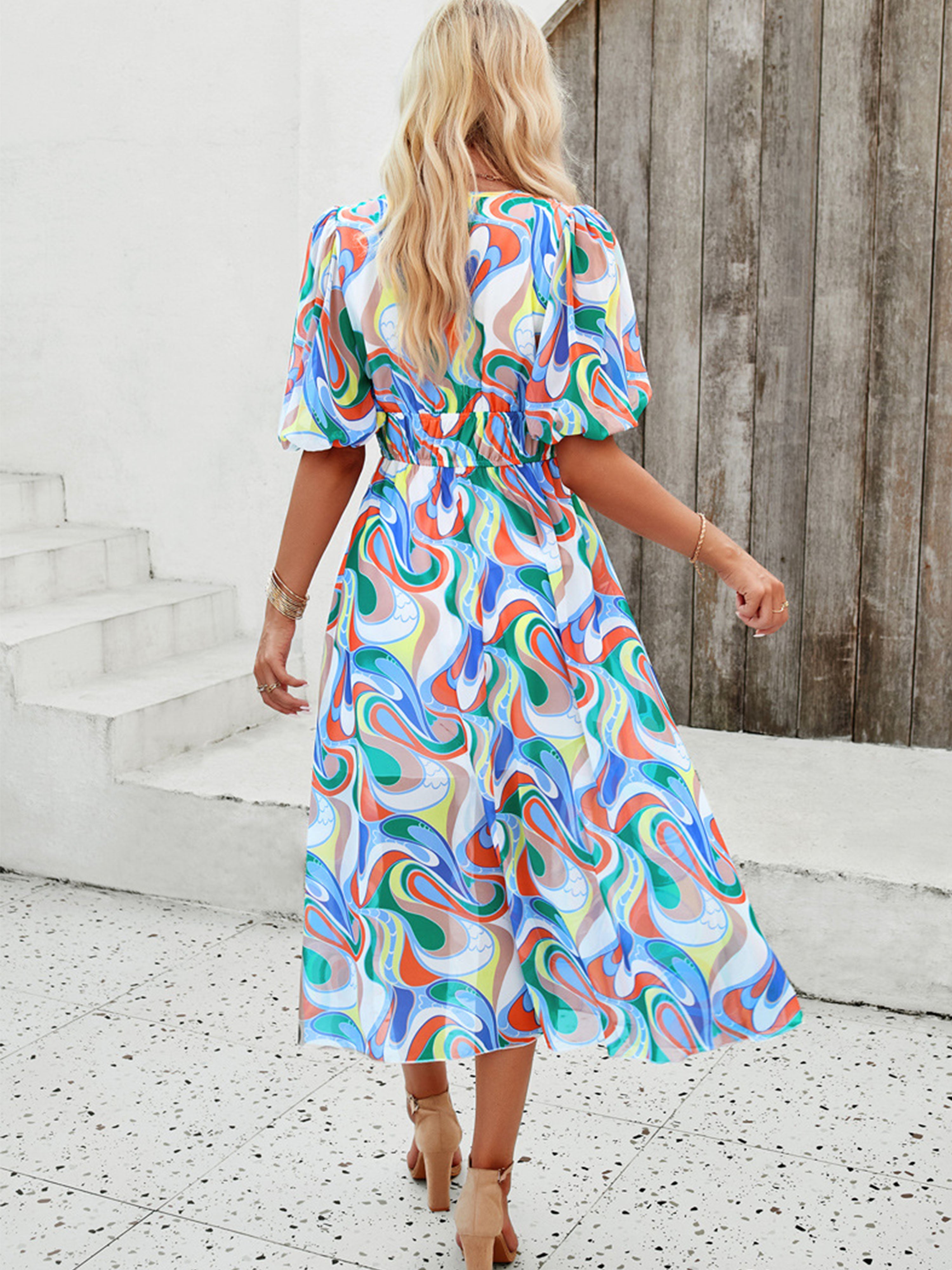 Robe en Vert Trapèze Col V Manches Mi-Longue Robe Invitée de Mariage