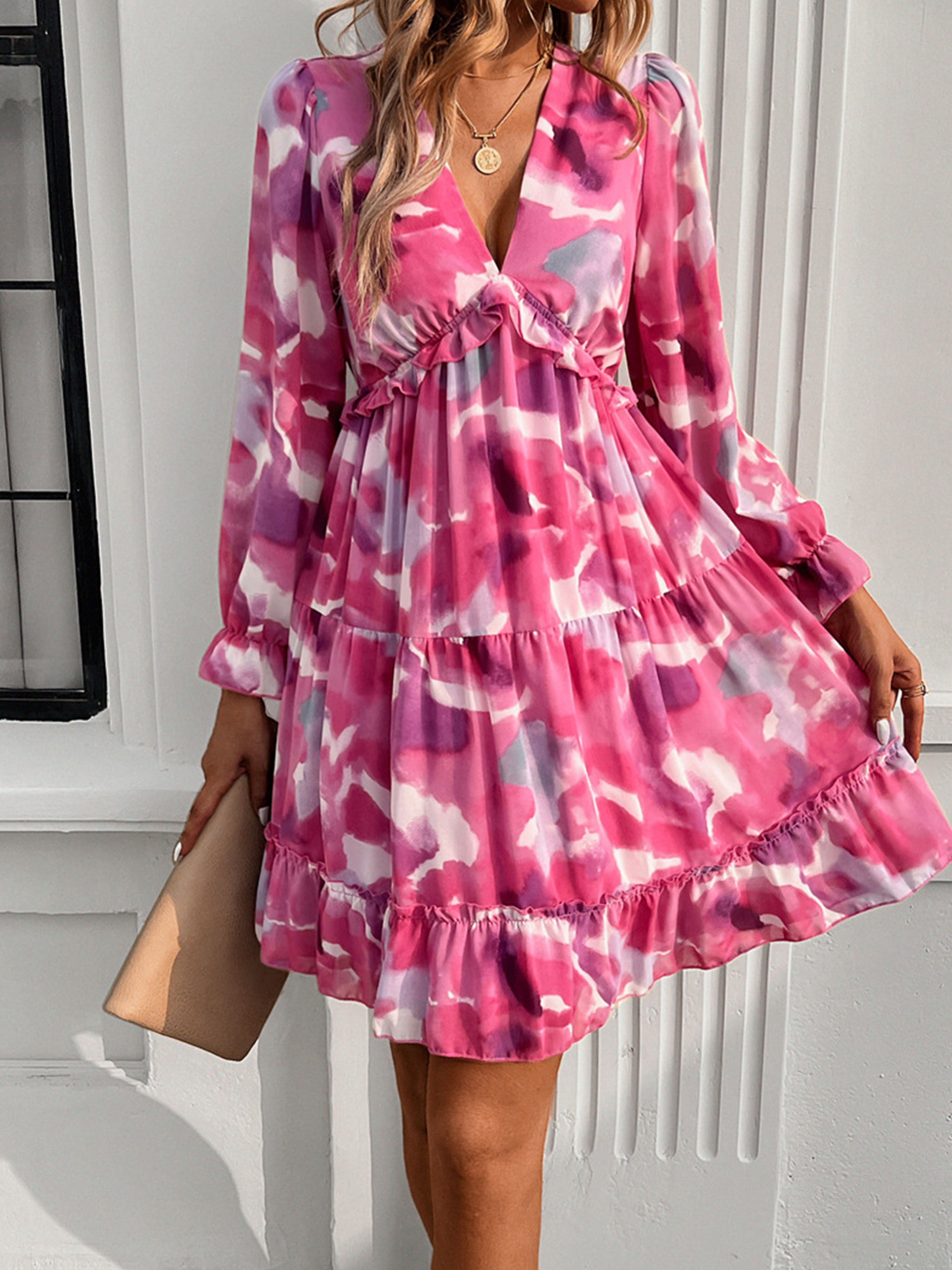 Robe en Azalée Col V Manches Longues Trapèze Robe Invitée de Mariage