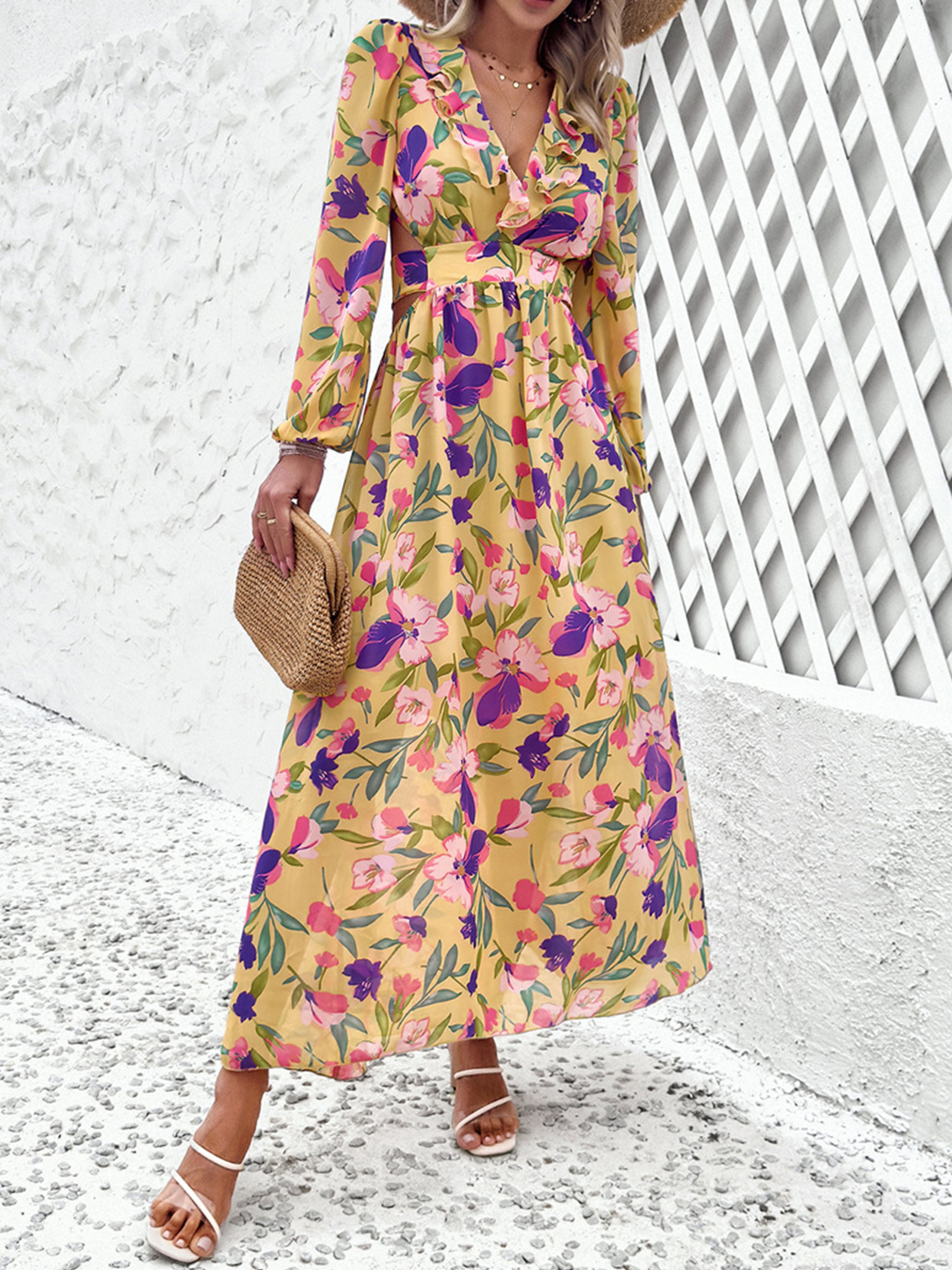 Robe Invitée de Mariage Or Florale Robe bohème Col V Manches longues