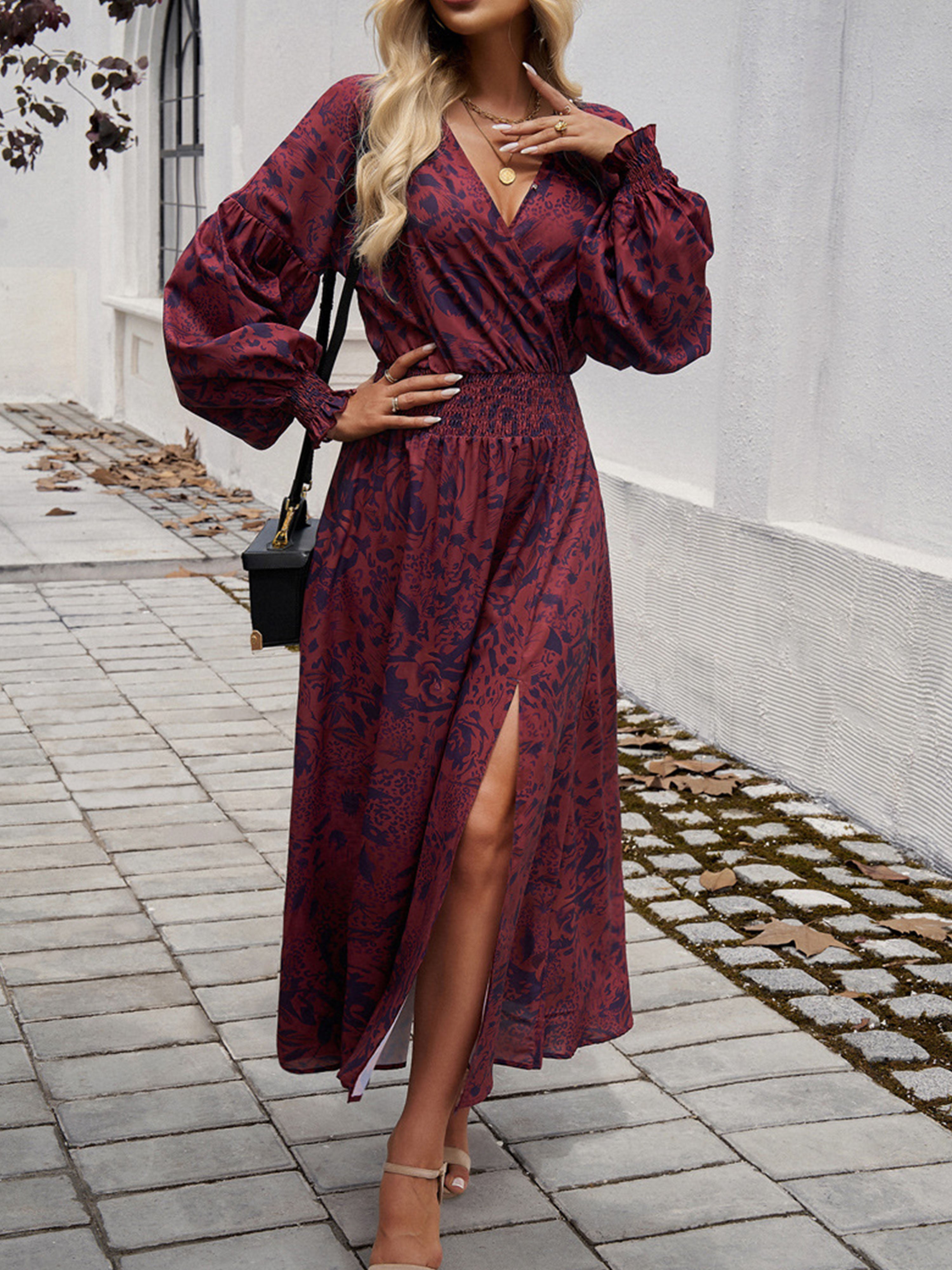 Robe Invitée Mariage Cabernet Encolure en V à Manches Longues avec Fente et Taille Empire