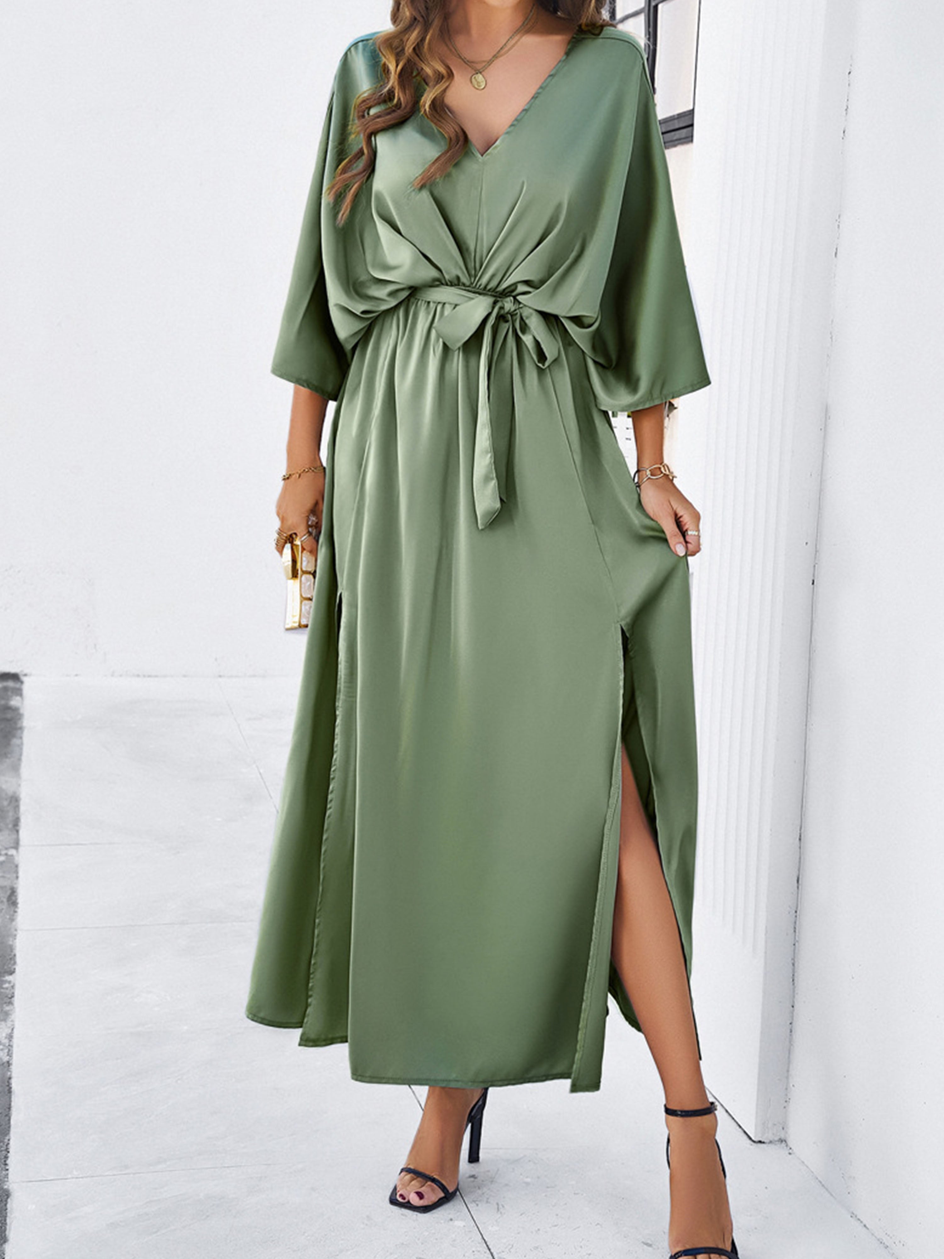 Elégante Robe Invitée de Mariage SAUGE POUDREE Col V 3/4 Manches avec Ceinture