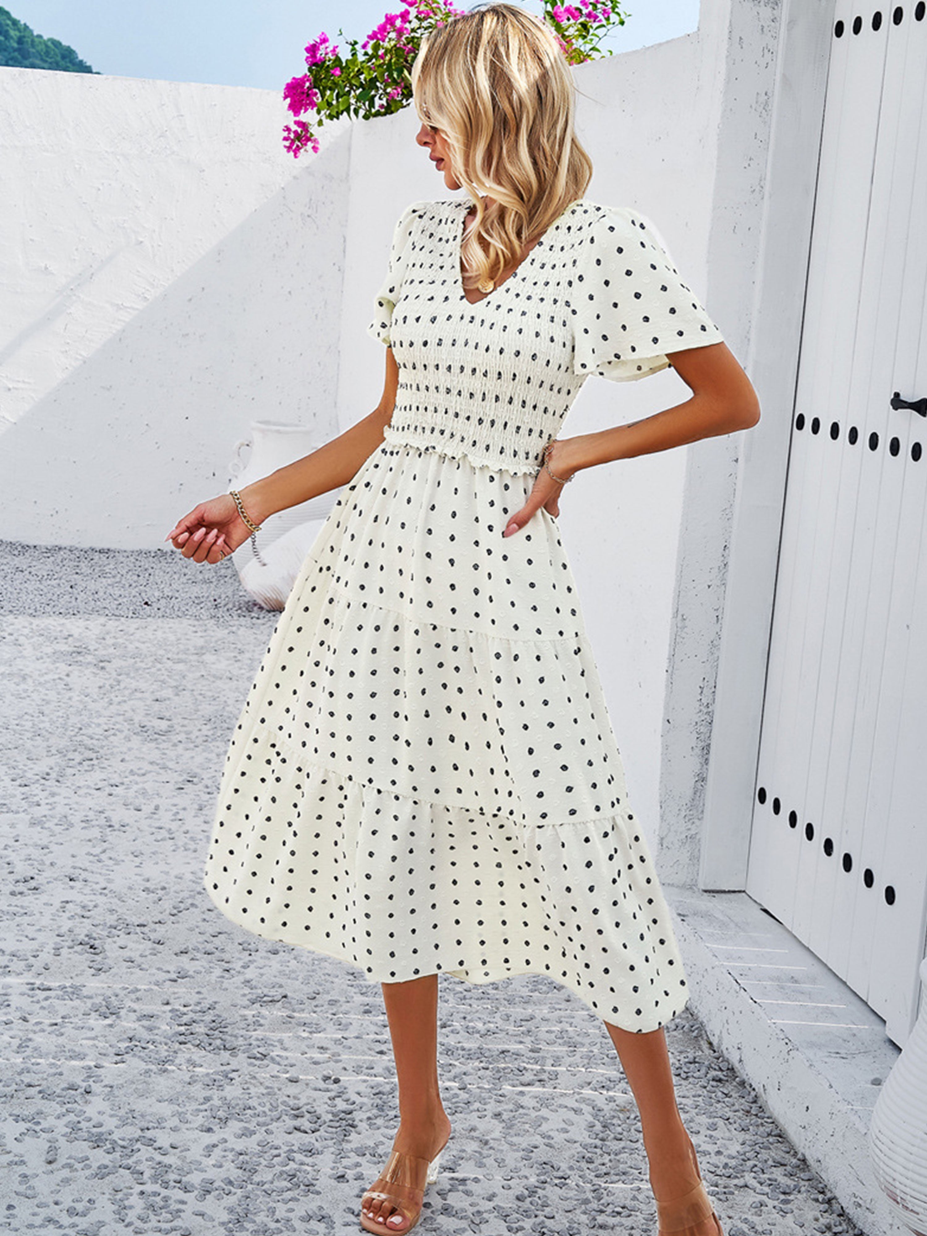 Robe Invitée de Mariage Blanc Robe à Pois Mi-longue Col V Manches Courtes