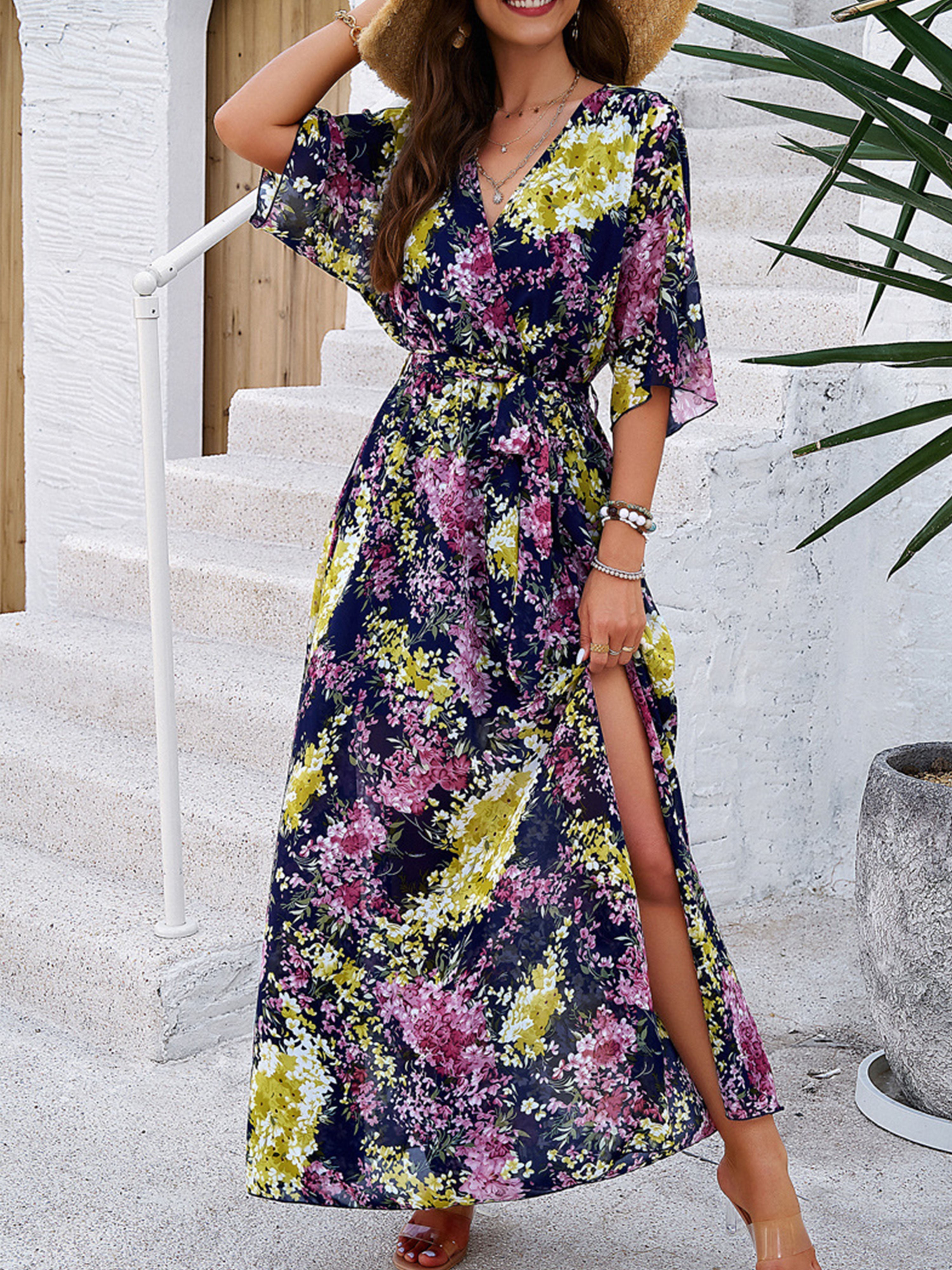 Robe Florale en Bleu Royale Trapèze Col V Manches Mi-Longue Robe Invitée de Mariage