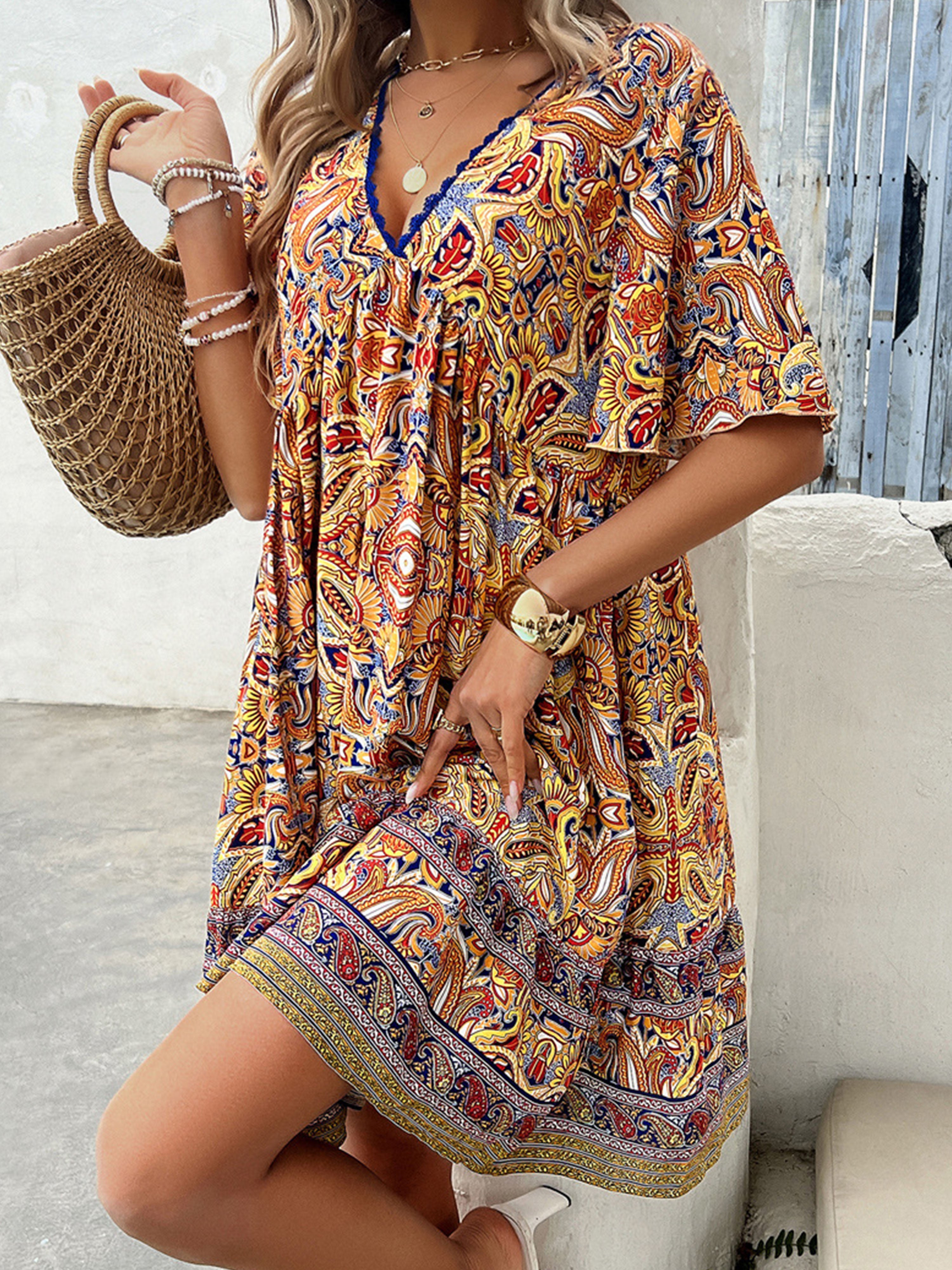 Robe Bohème Invitée Mariage Jaune Imprimé Floral à Demi Manches et Encolure en V
