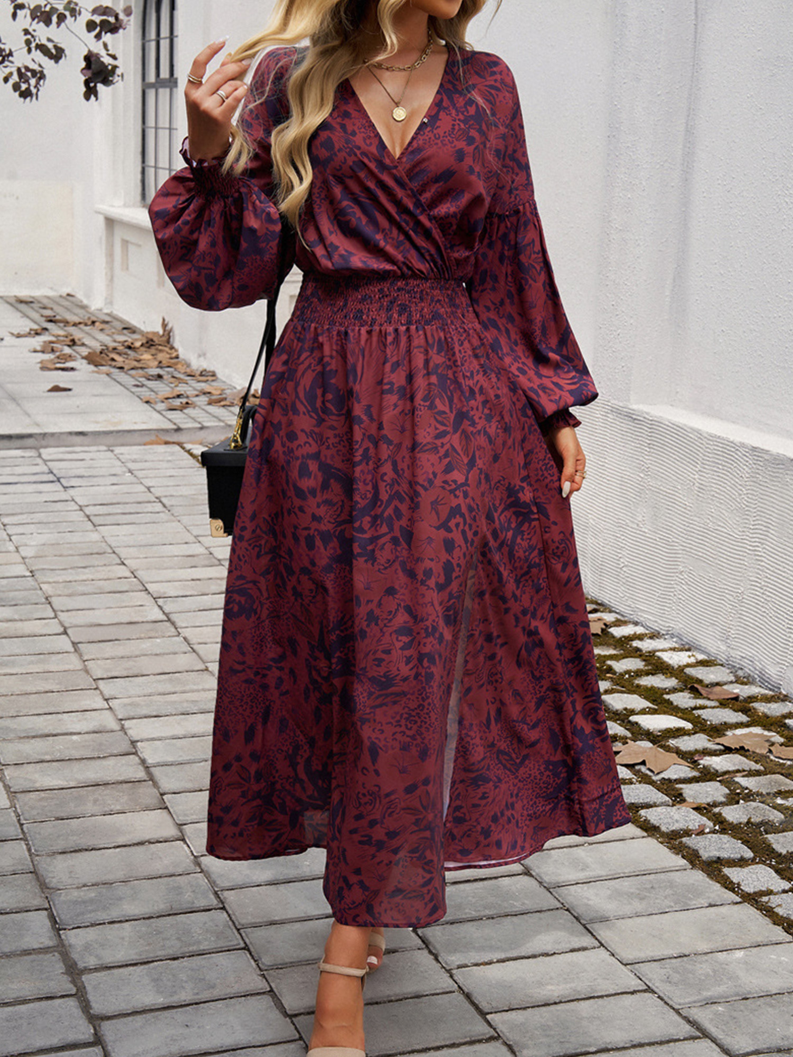 Robe Invitée Mariage Cabernet Encolure en V à Manches Longues avec Fente et Taille Empire