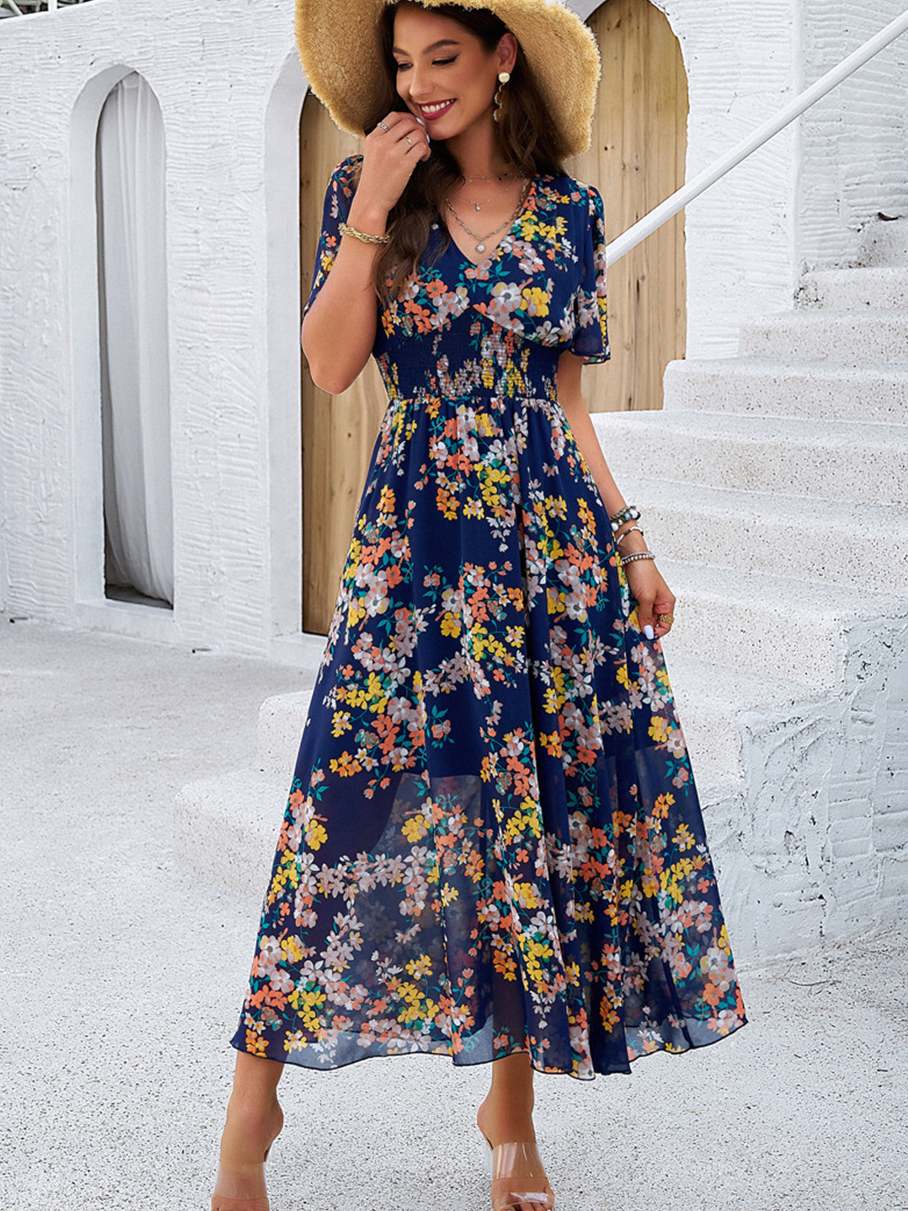 Robe en Bleu Marine Trapèze Col V Manches Mi-Longue Robe Invitée de Mariage