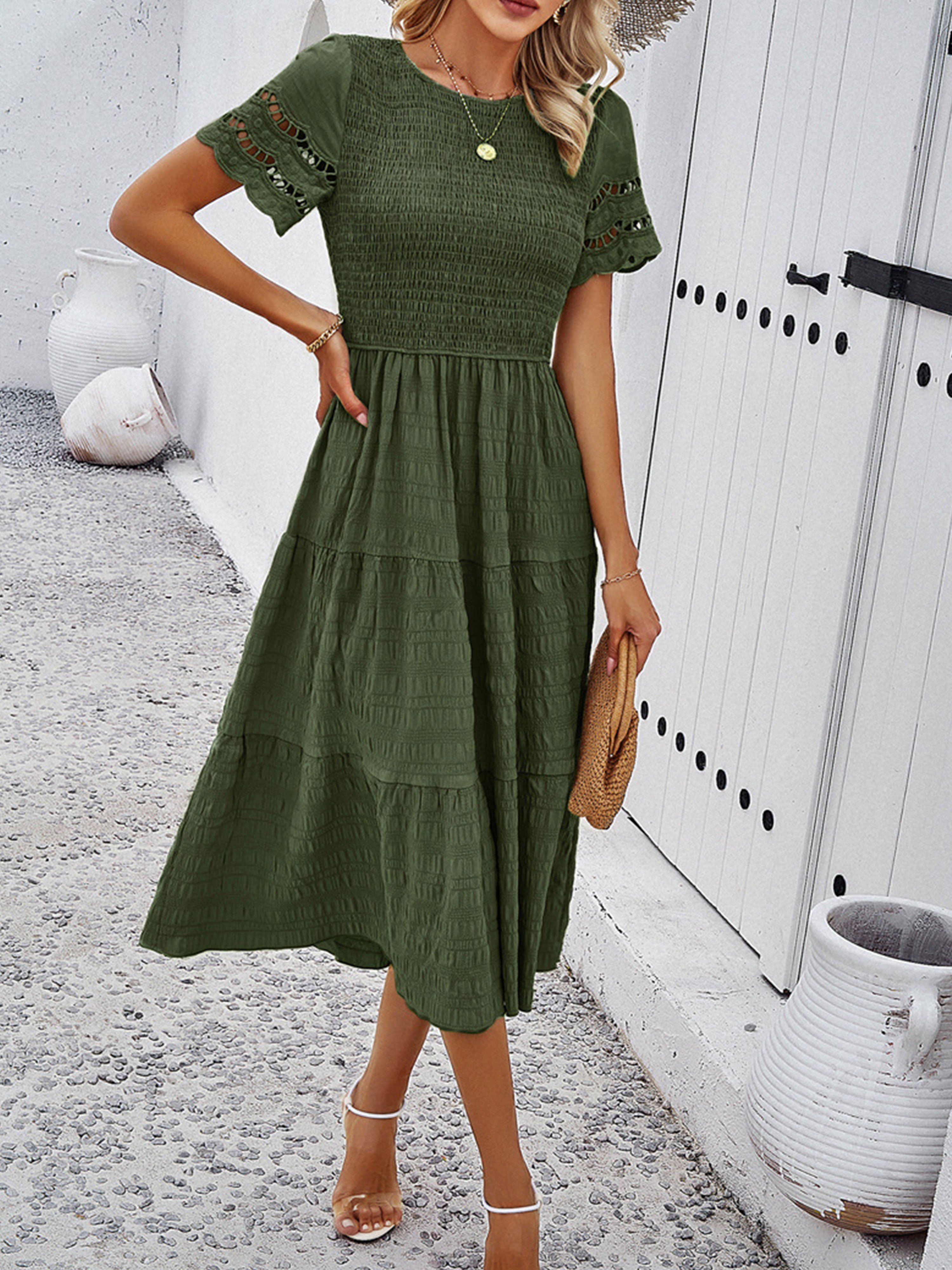 Robe en Vert Mousse Col Rond Manches Courtes Trapèze Robe Invitée de Mariage
