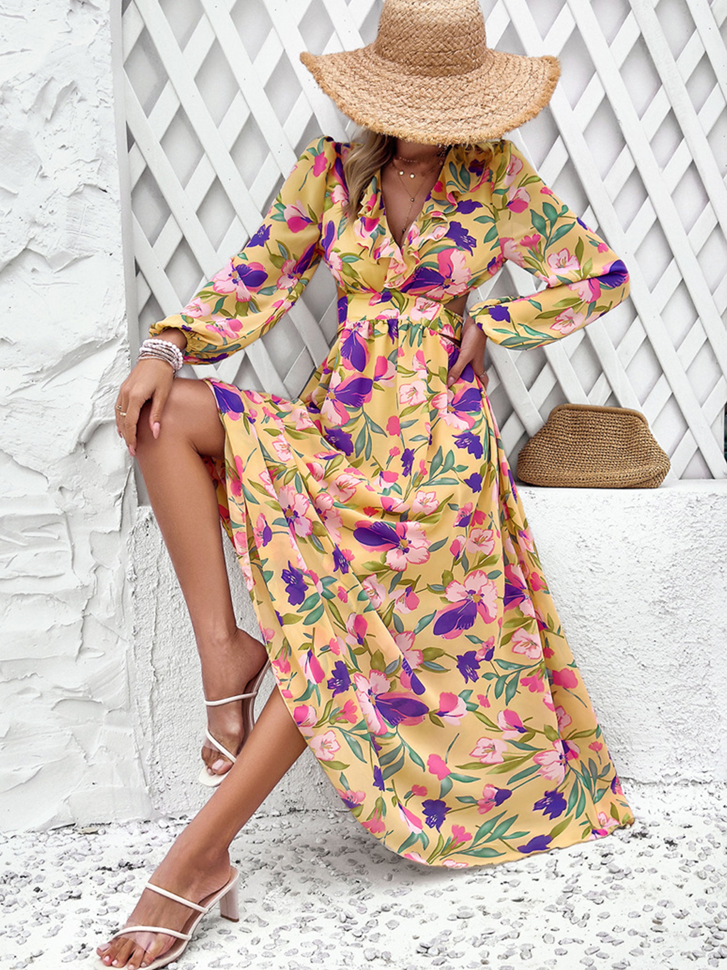 Robe Invitée de Mariage Or Florale Robe bohème Col V Manches longues