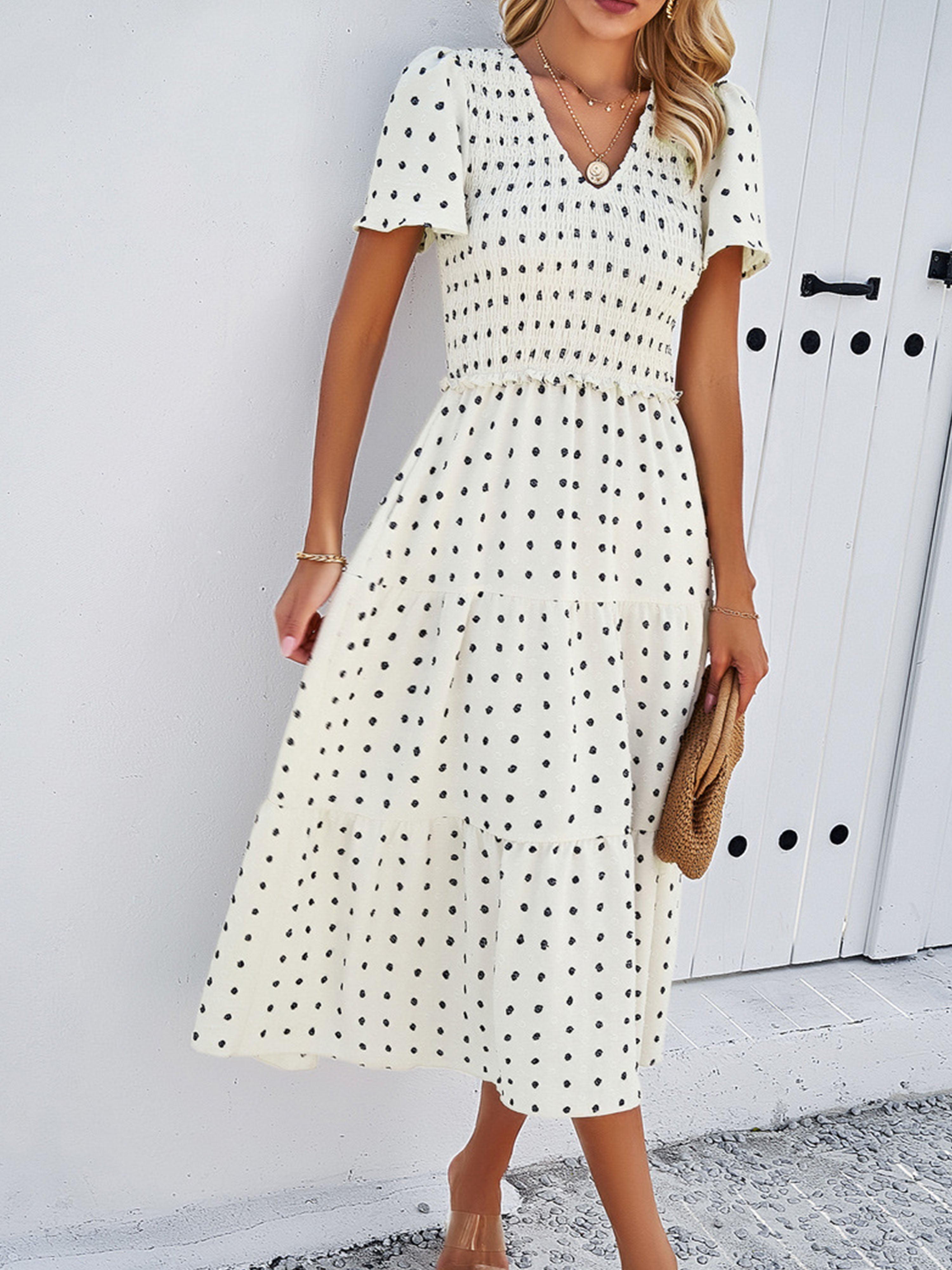 Robe Invitée de Mariage Blanc Robe à Pois Mi-longue Col V Manches Courtes