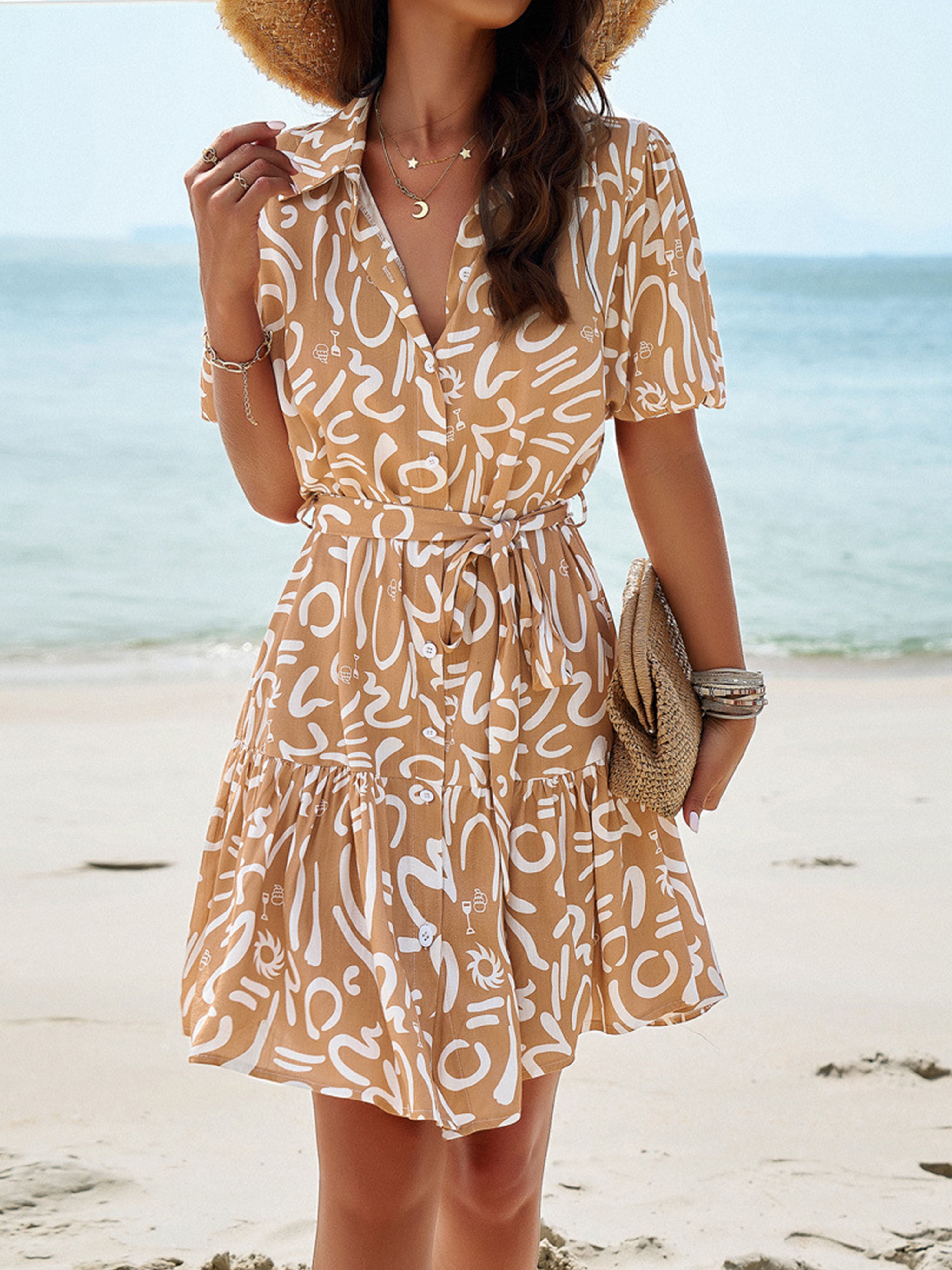 Robe en Kaki Trapèze Col Polo Manches Courtes Robe Invitée de Mariage