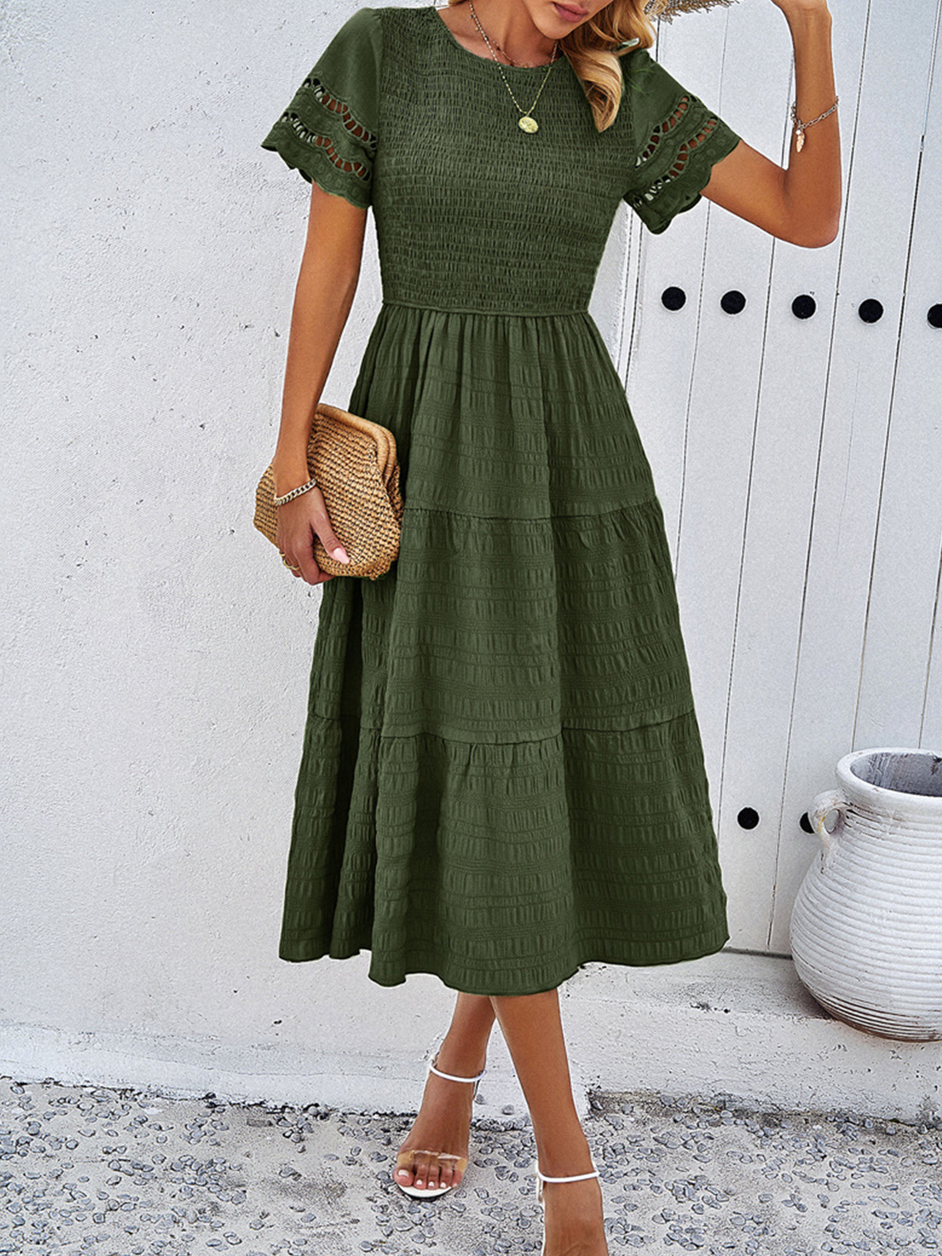 Robe en Vert Mousse Col Rond Manches Courtes Trapèze Robe Invitée de Mariage